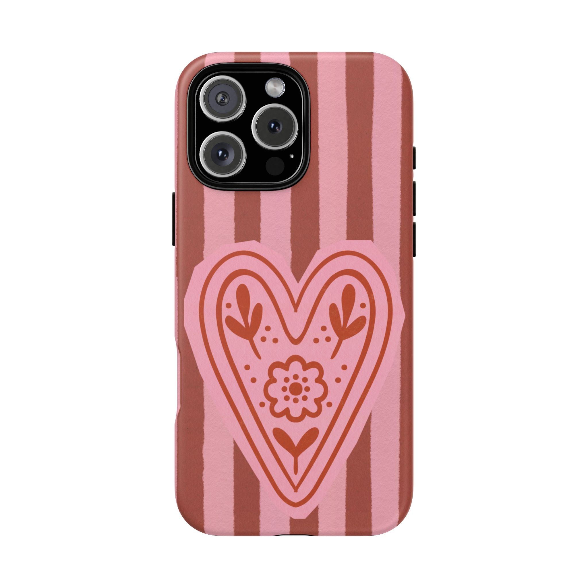 Pink Heart Phone Case — Striped Floral Heart Protective Phone Cover
