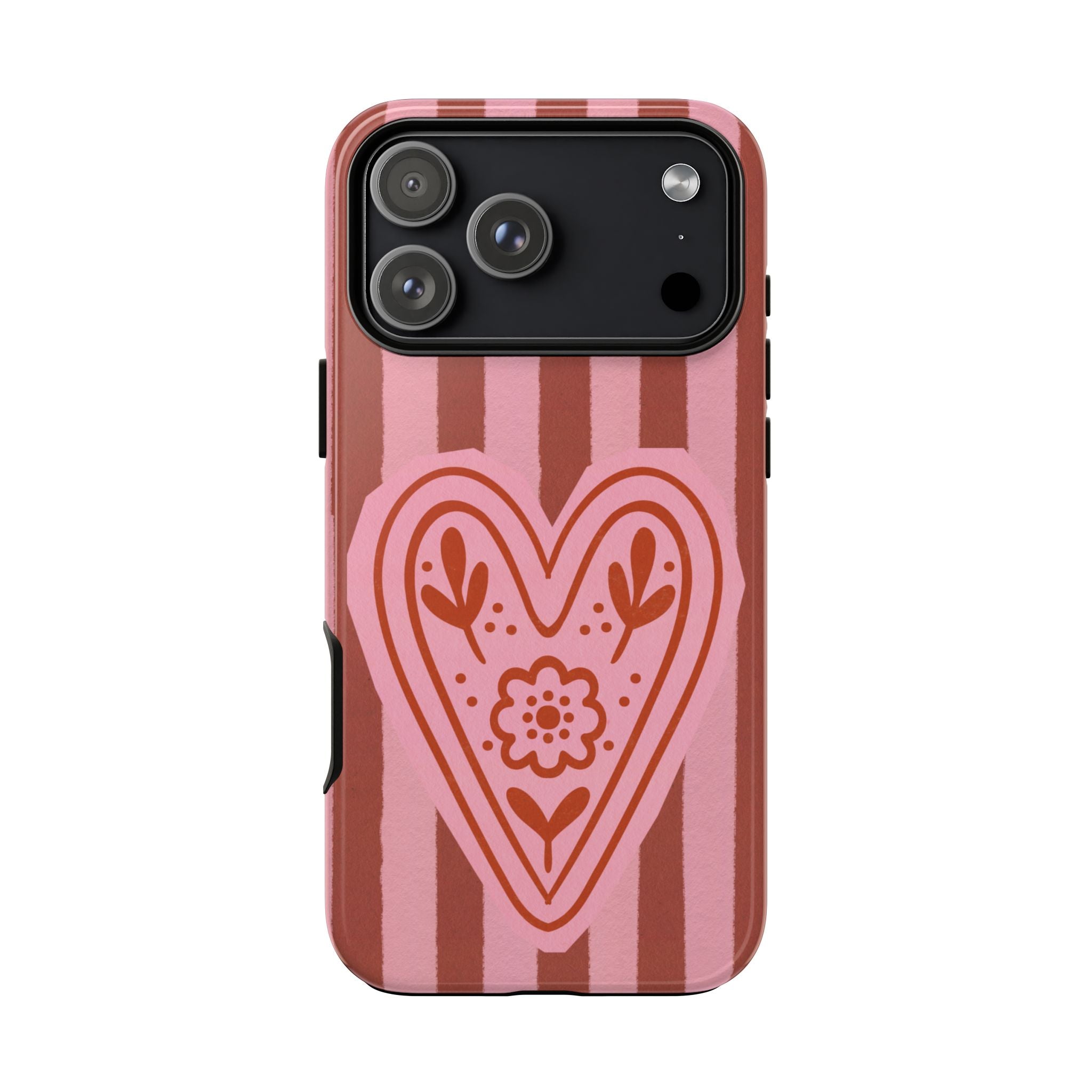 Pink Heart Phone Case — Striped Floral Heart Protective Phone Cover