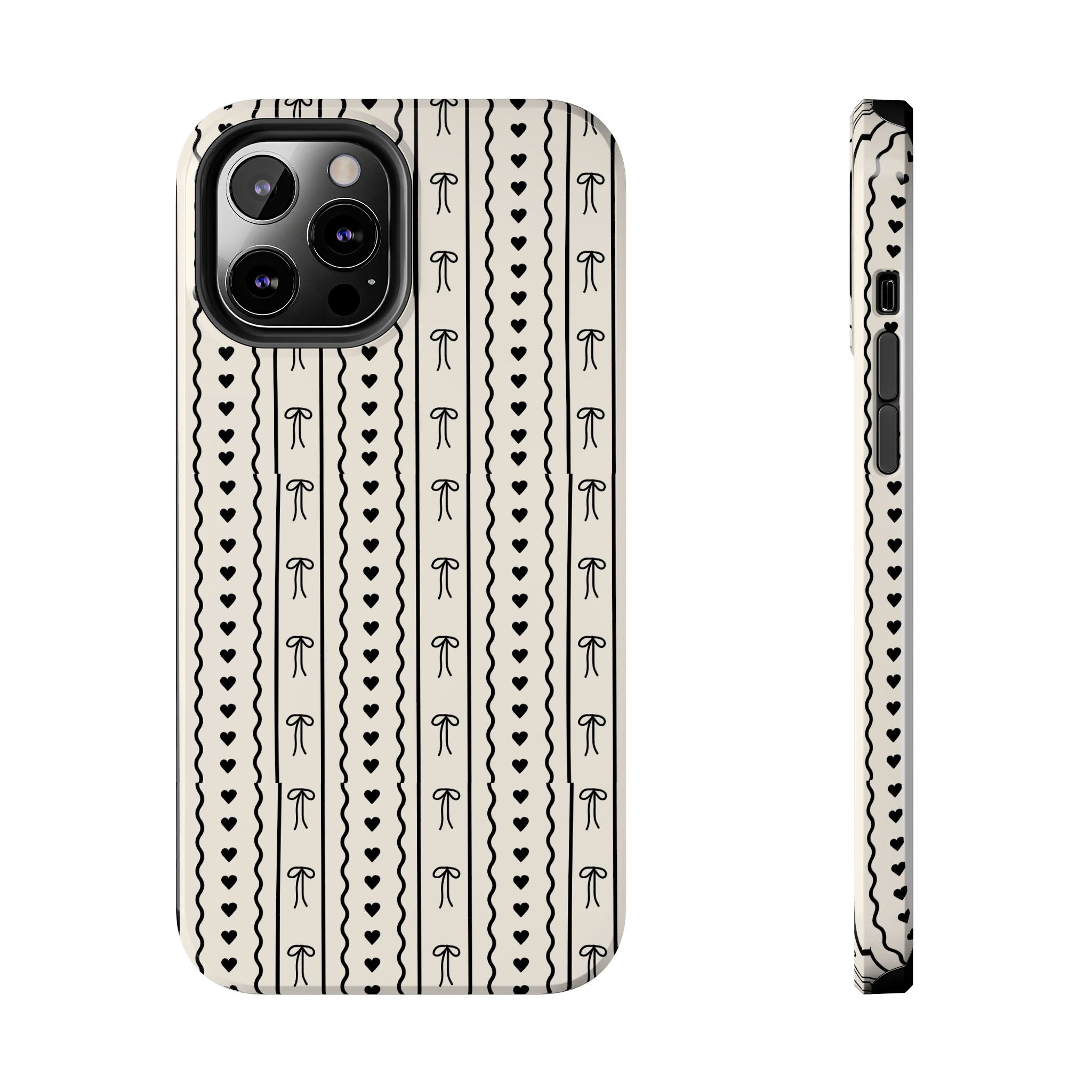 Black Heart & Bow Stripe Tough Phone Case — Cute Minimalist Protective Cover