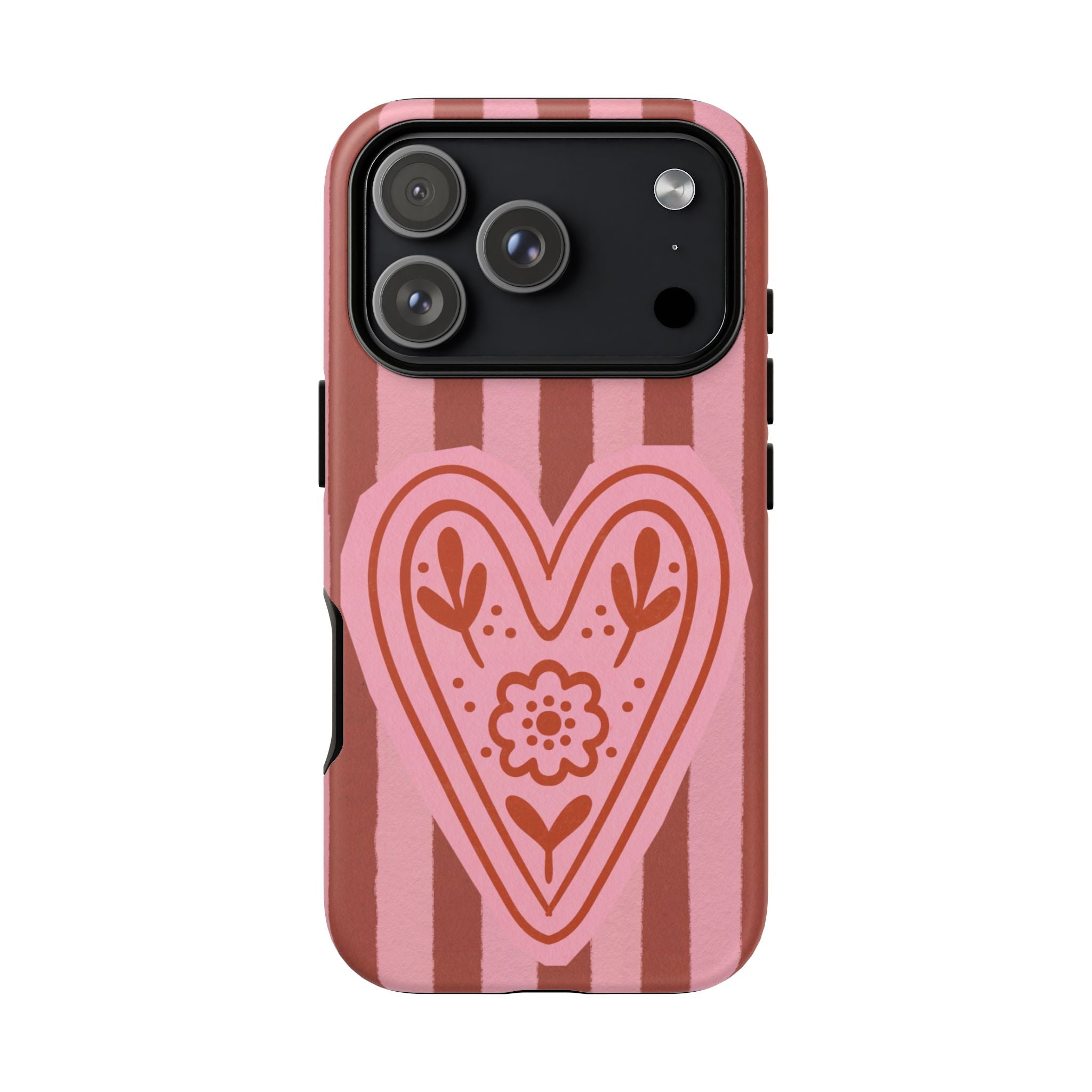 Pink Heart Phone Case — Striped Floral Heart Protective Phone Cover