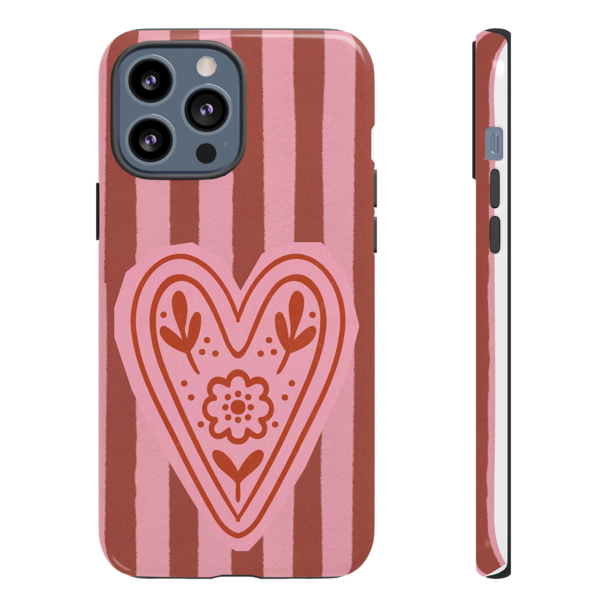 Pink Heart Phone Case — Striped Floral Heart Protective Phone Cover