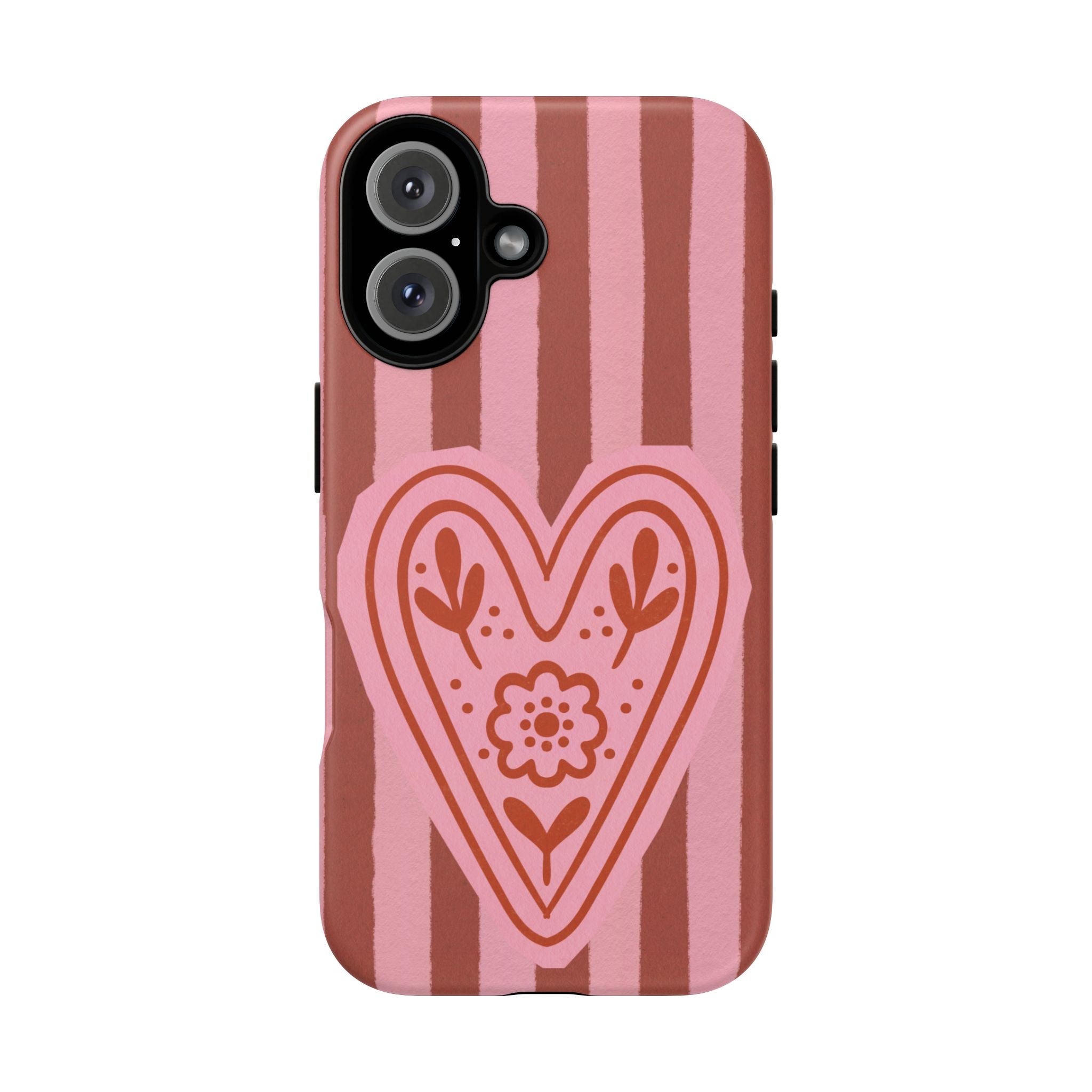 Pink Heart Phone Case — Striped Floral Heart Protective Phone Cover