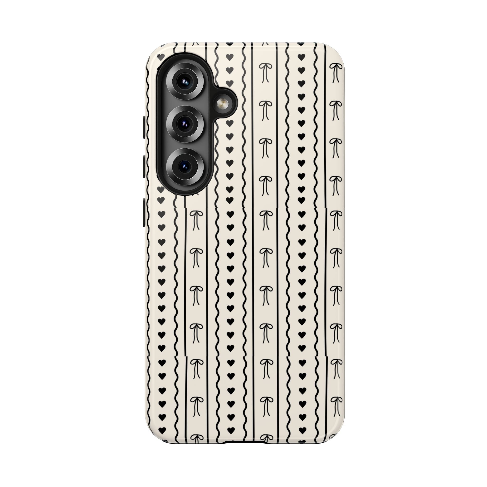 Black Heart & Bow Stripe Tough Phone Case — Cute Minimalist Protective Cover