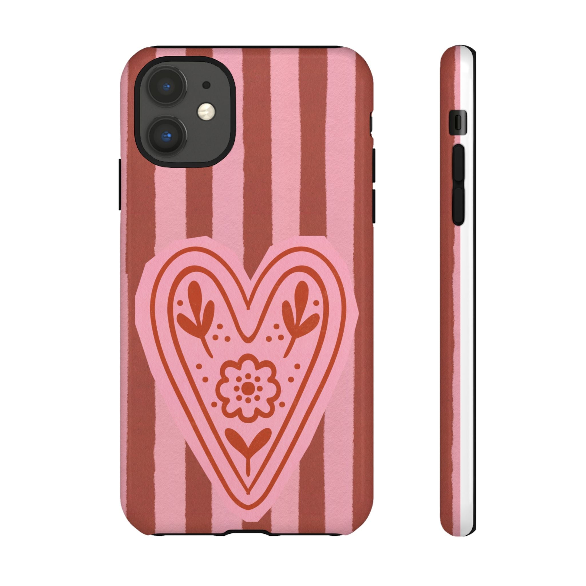 Pink Heart Phone Case — Striped Floral Heart Protective Phone Cover