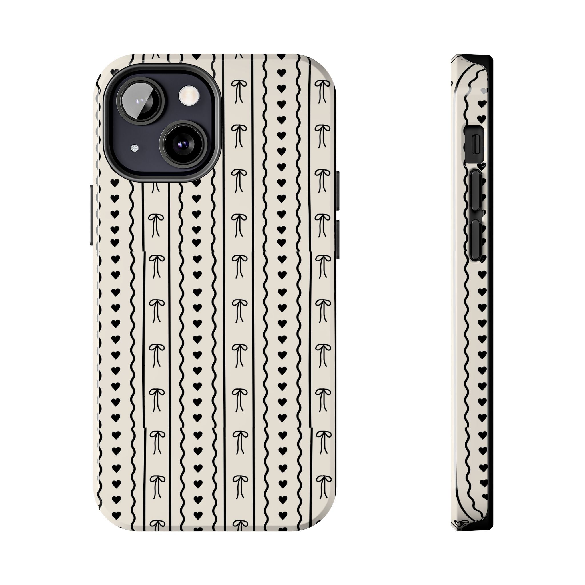 Black Heart & Bow Stripe Tough Phone Case — Cute Minimalist Protective Cover
