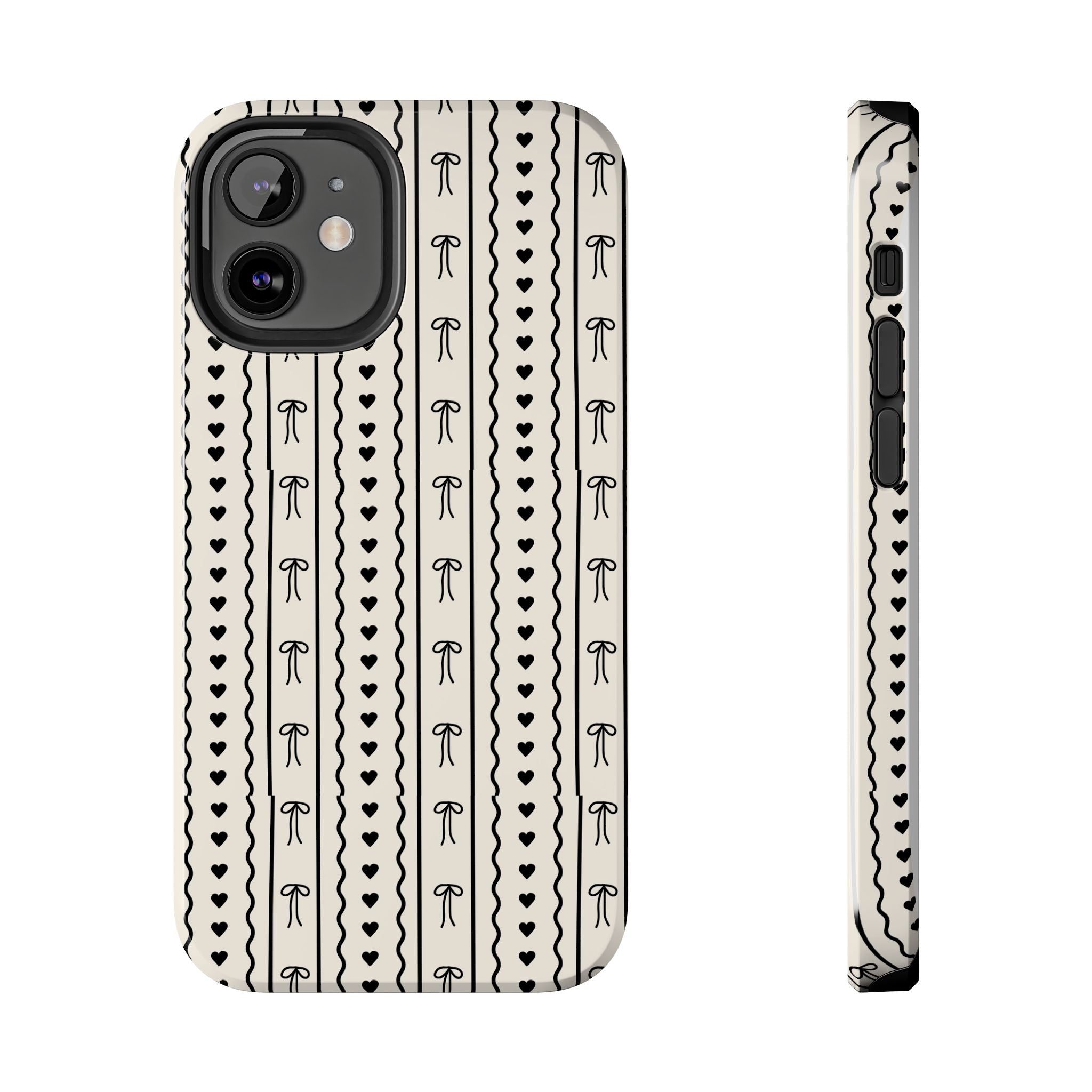 Black Heart & Bow Stripe Tough Phone Case — Cute Minimalist Protective Cover