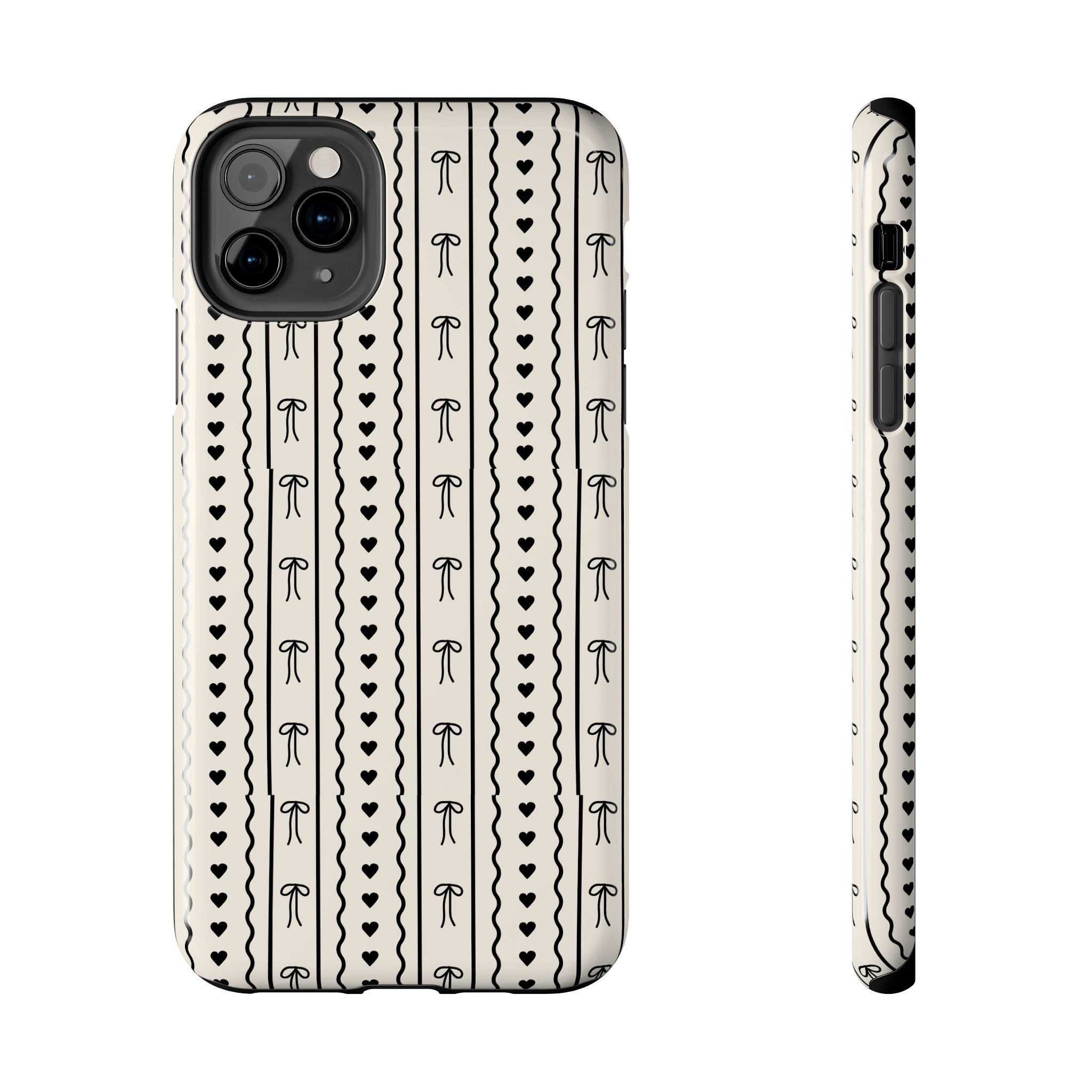 Black Heart & Bow Stripe Tough Phone Case — Cute Minimalist Protective Cover