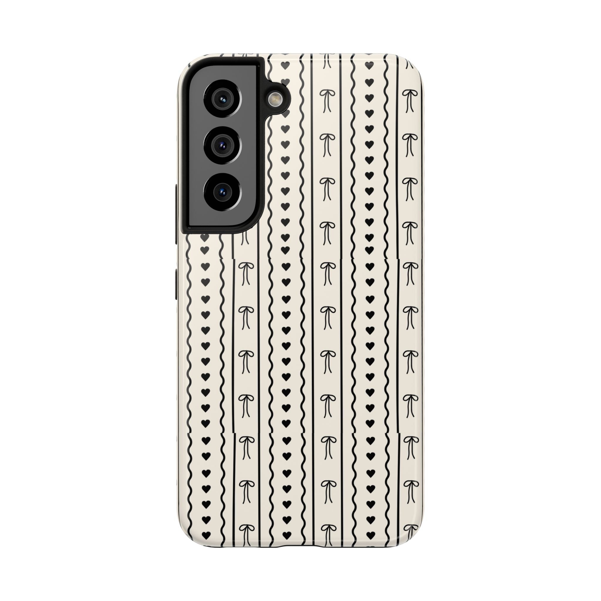 Black Heart & Bow Stripe Tough Phone Case — Cute Minimalist Protective Cover
