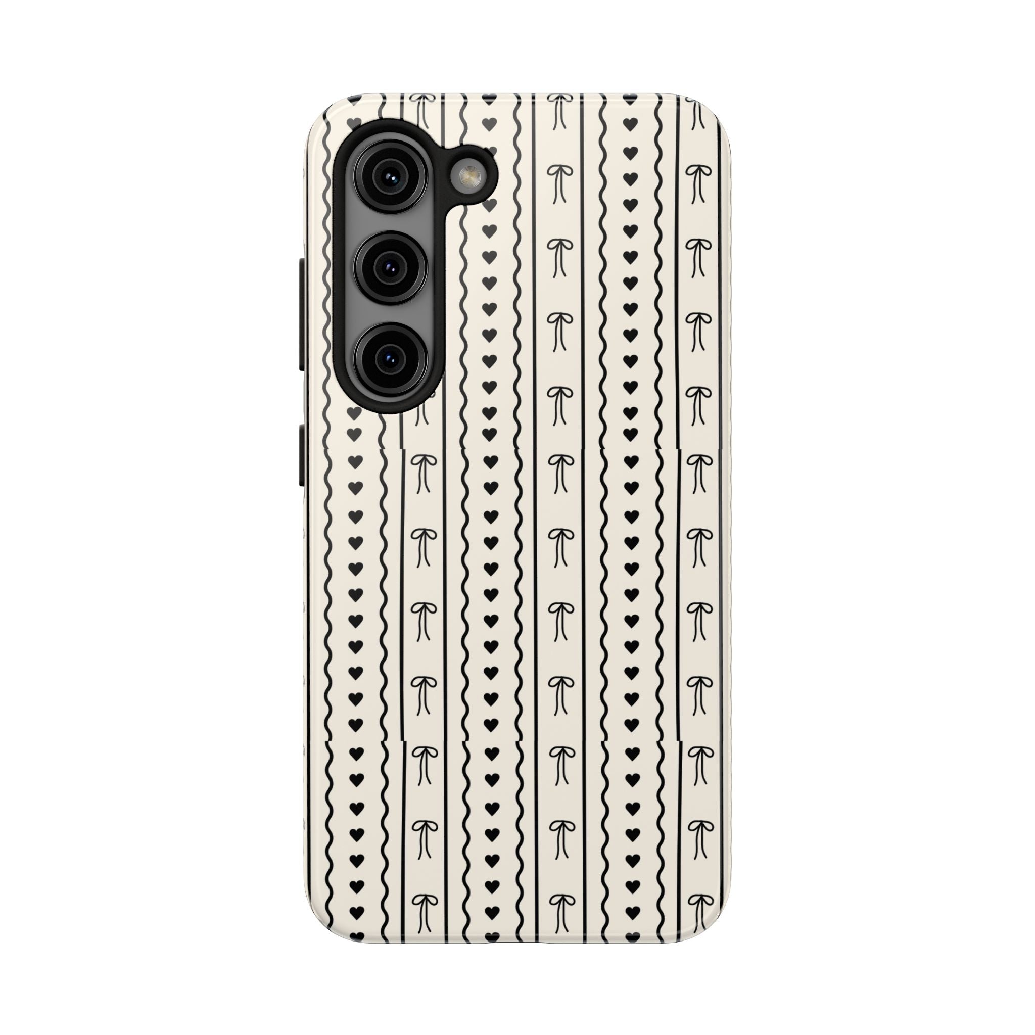 Black Heart & Bow Stripe Tough Phone Case — Cute Minimalist Protective Cover