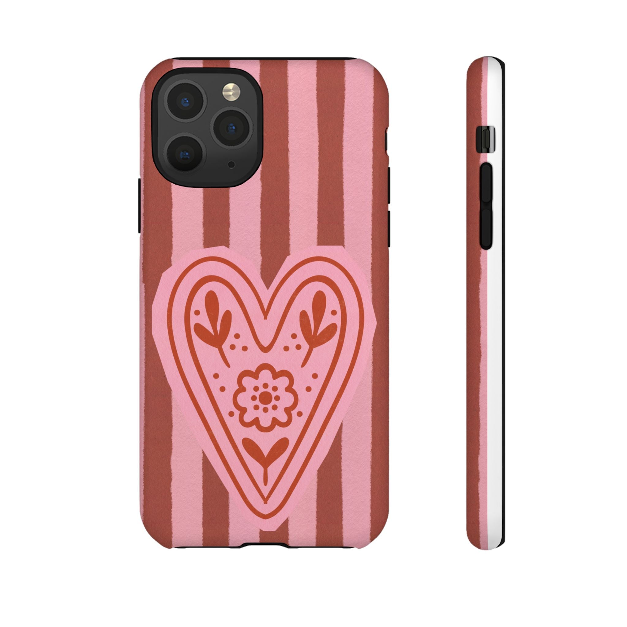 Pink Heart Phone Case — Striped Floral Heart Protective Phone Cover