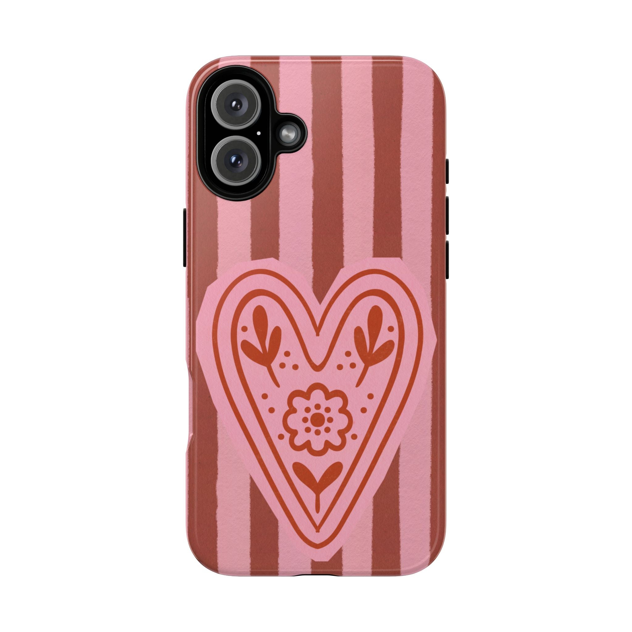 Pink Heart Phone Case — Striped Floral Heart Protective Phone Cover