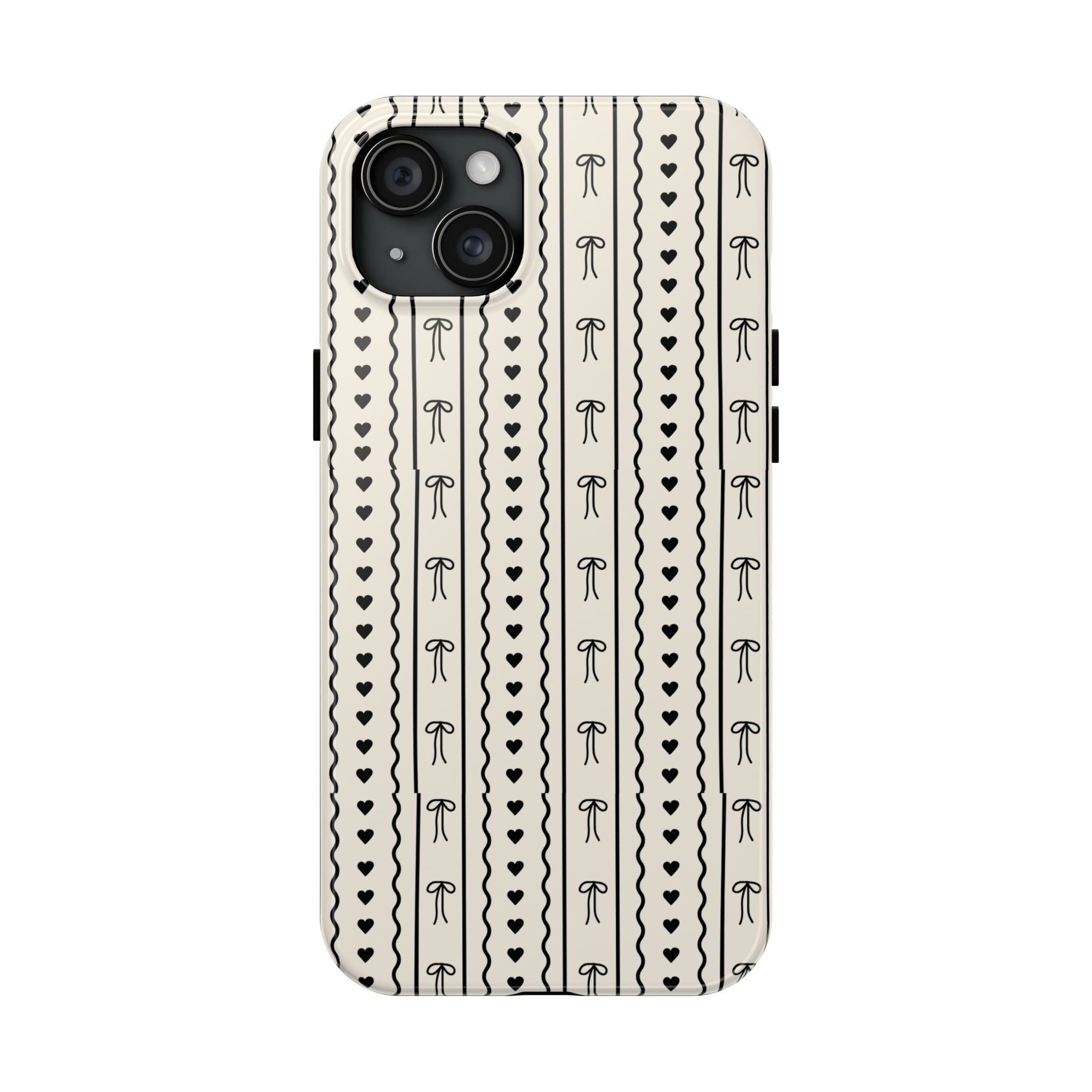 Black Heart & Bow Stripe Tough Phone Case — Cute Minimalist Protective Cover