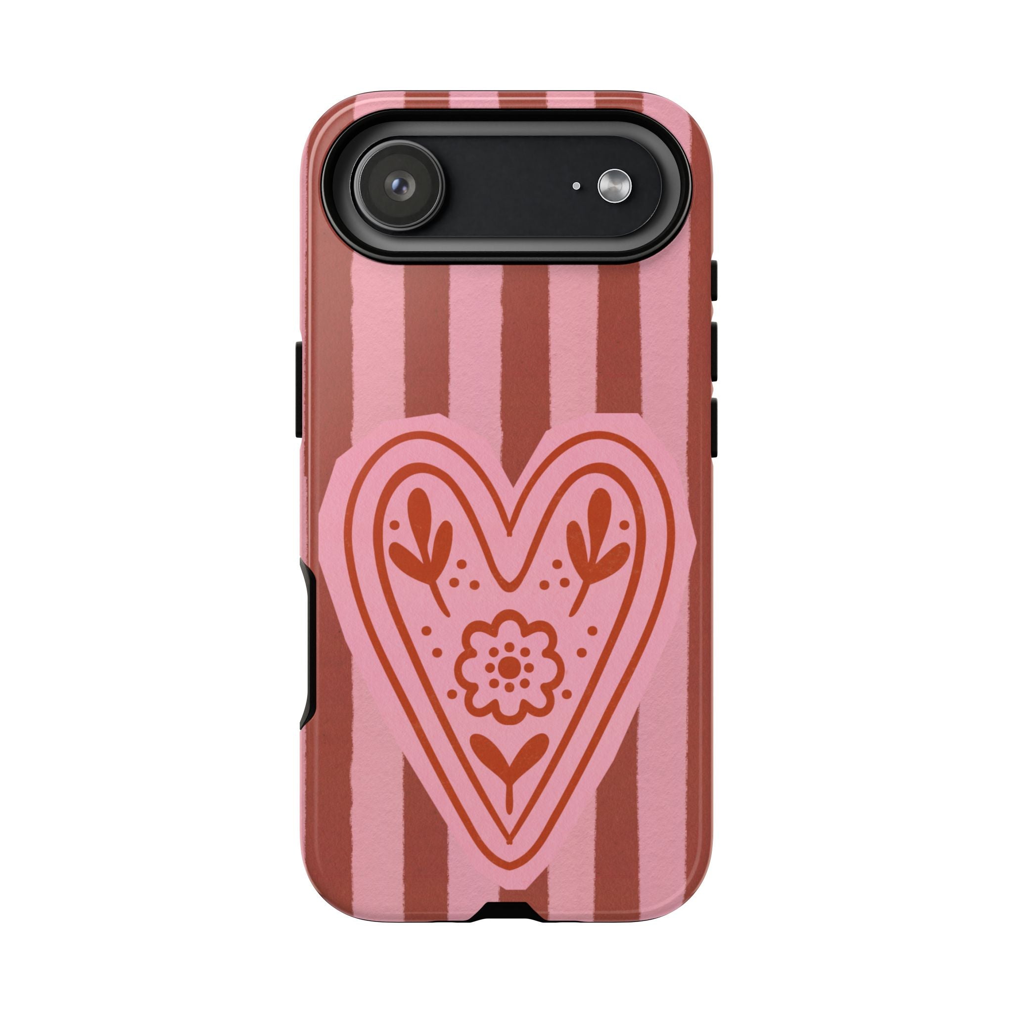 Pink Heart Phone Case — Striped Floral Heart Protective Phone Cover