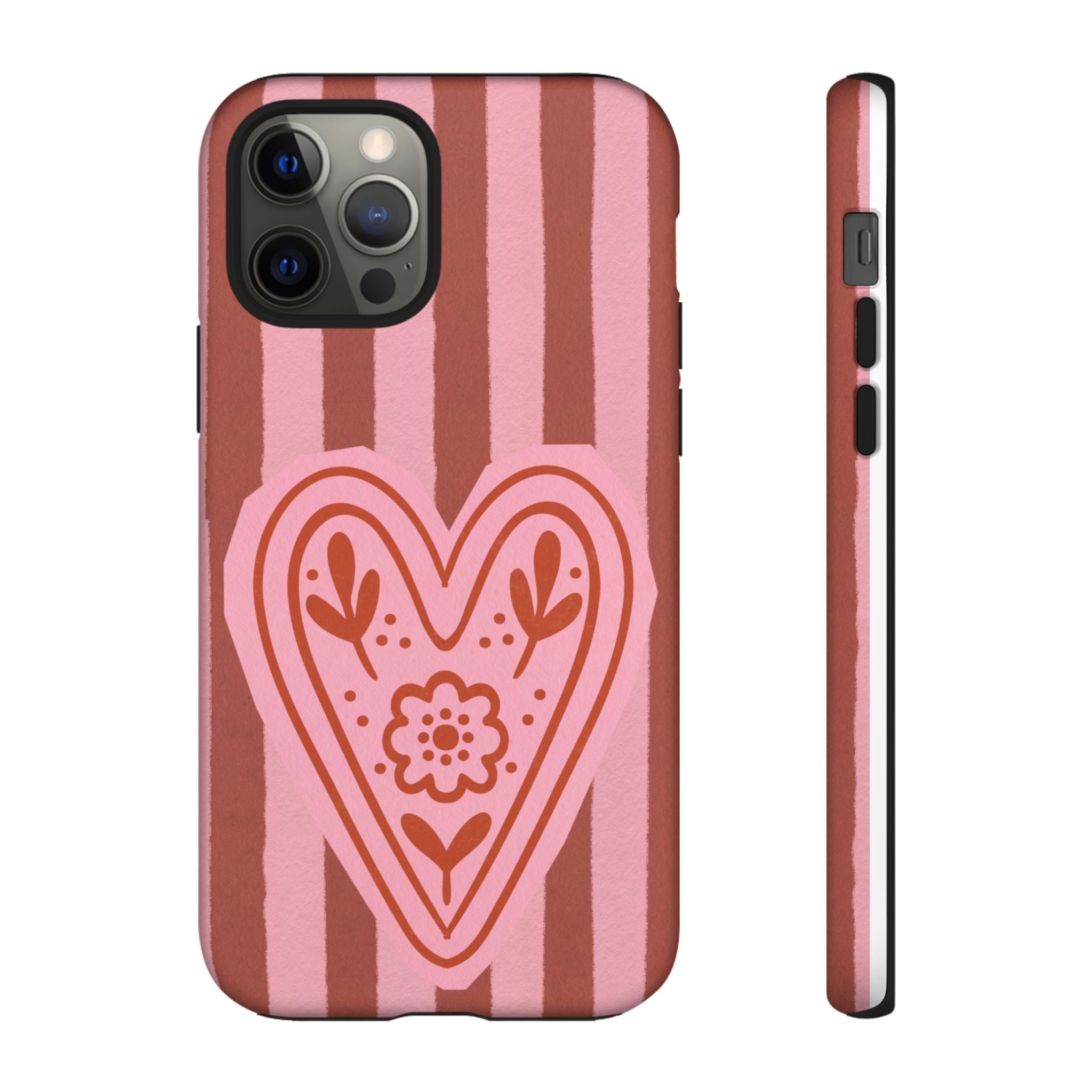 Pink Heart Phone Case — Striped Floral Heart Protective Phone Cover