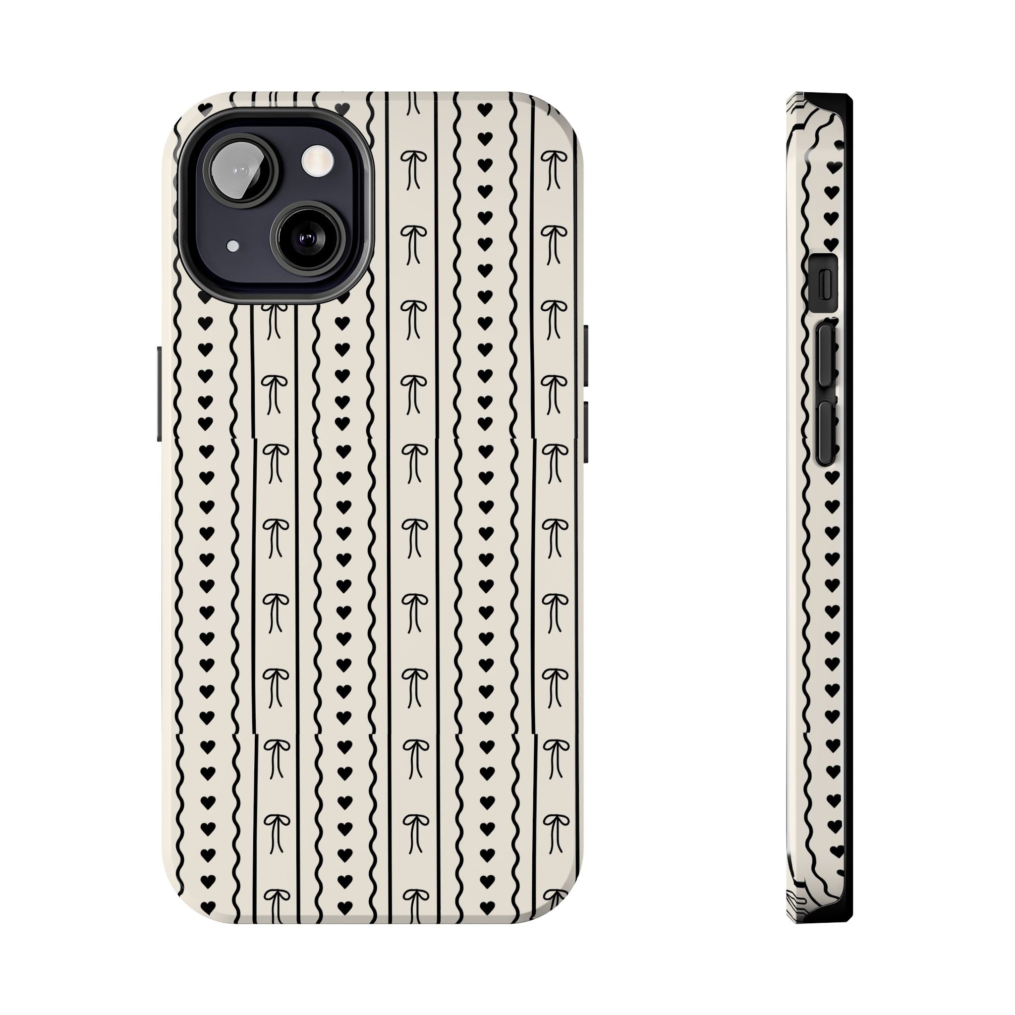 Black Heart & Bow Stripe Tough Phone Case — Cute Minimalist Protective Cover