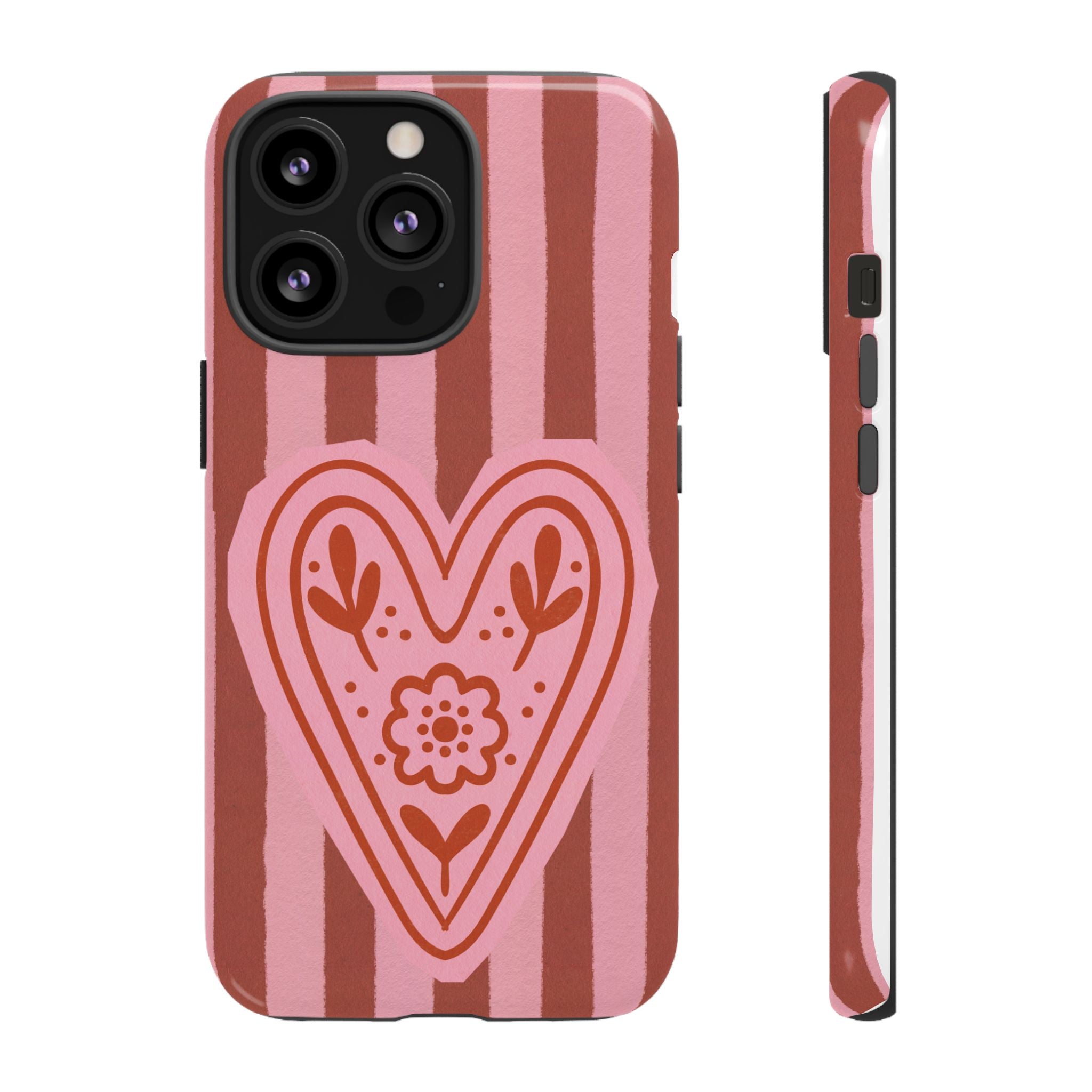 Pink Heart Phone Case — Striped Floral Heart Protective Phone Cover
