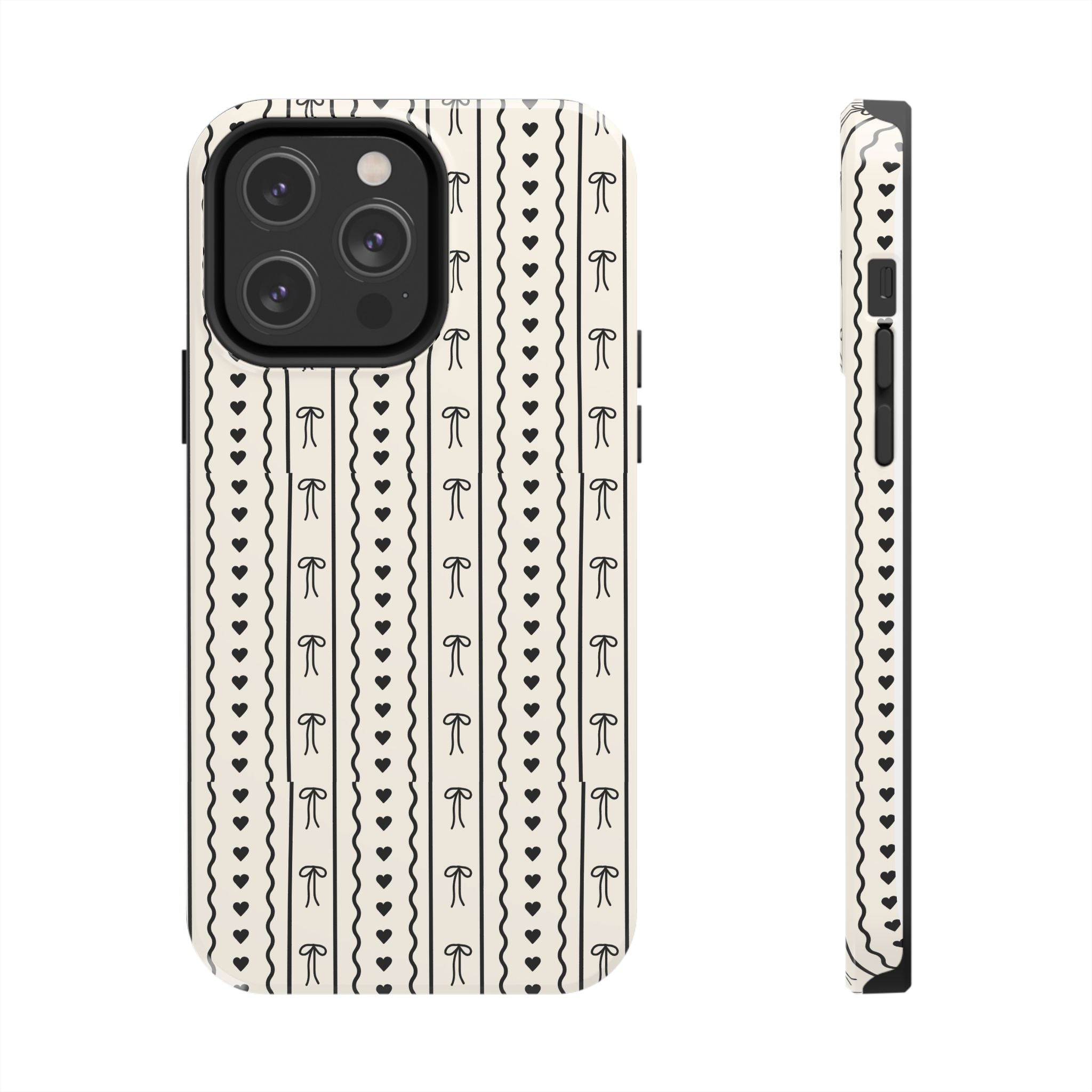 Black Heart & Bow Stripe Tough Phone Case — Cute Minimalist Protective Cover