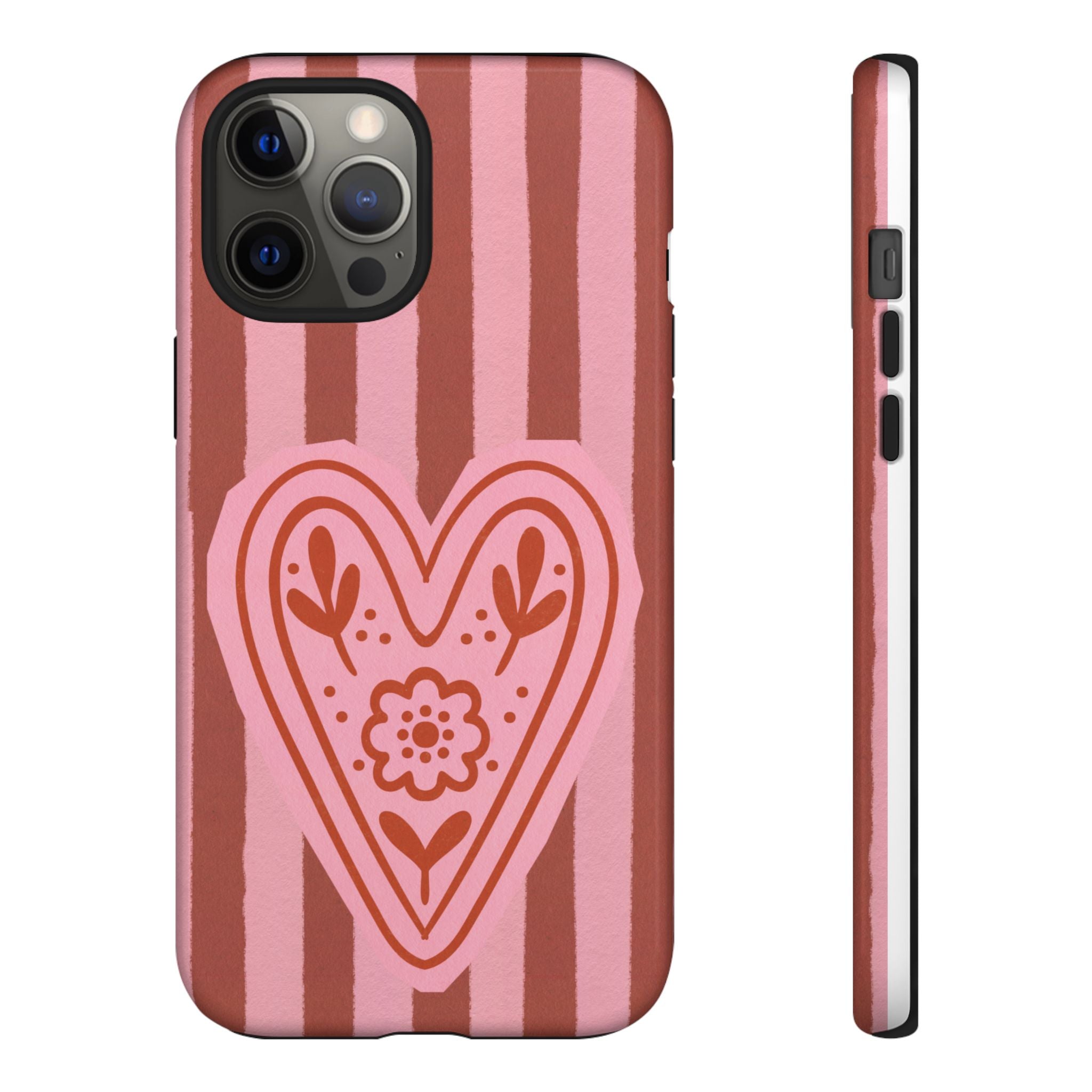 Pink Heart Phone Case — Striped Floral Heart Protective Phone Cover