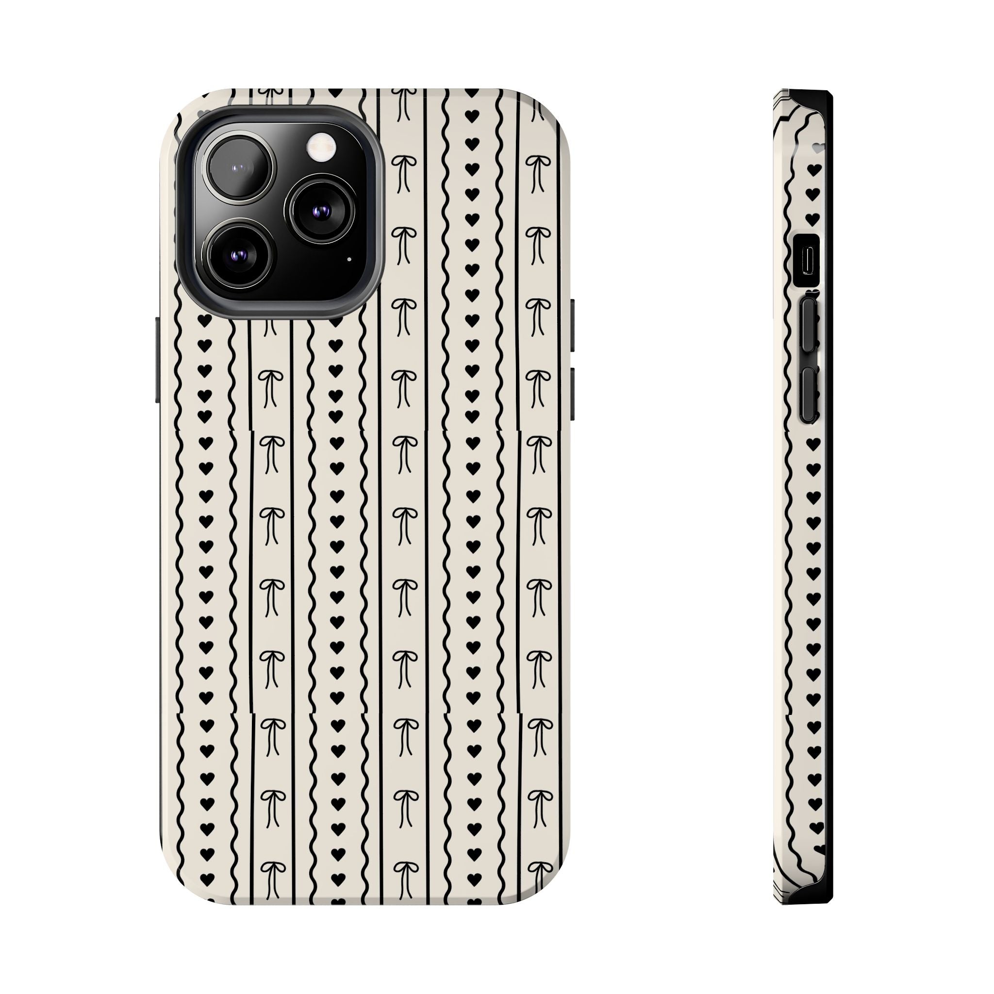 Black Heart & Bow Stripe Tough Phone Case — Cute Minimalist Protective Cover