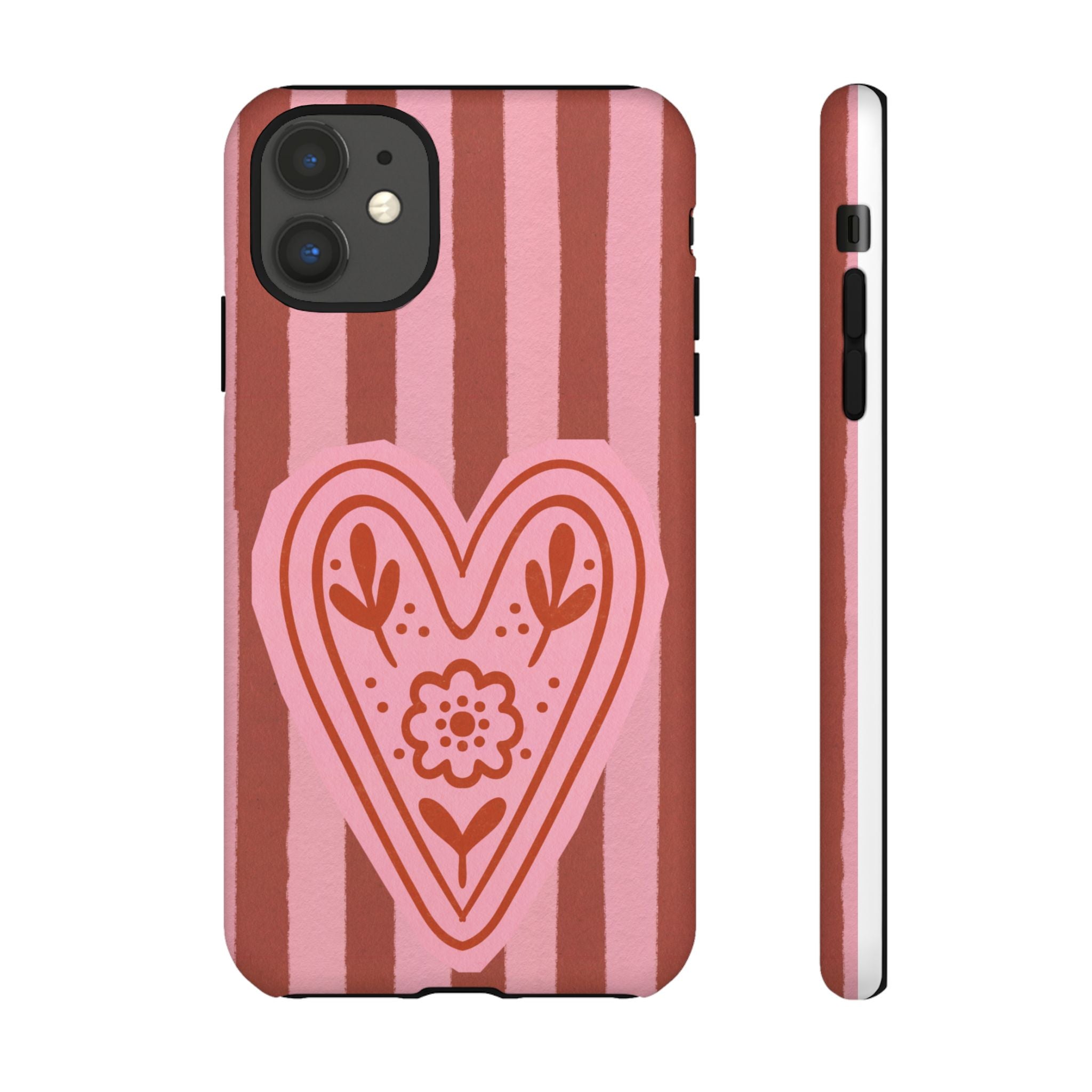 Pink Heart Phone Case — Striped Floral Heart Protective Phone Cover