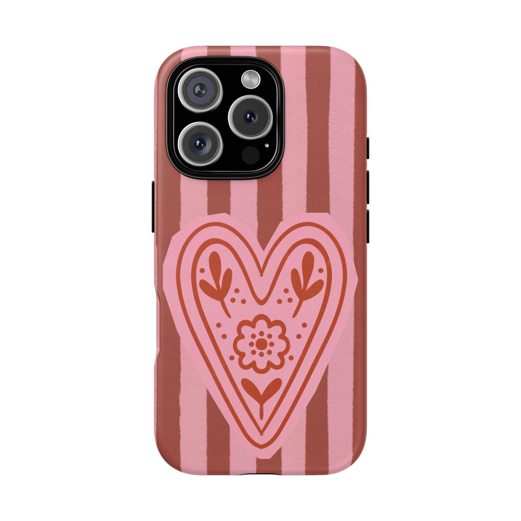 Pink Heart Phone Case — Striped Floral Heart Protective Phone Cover