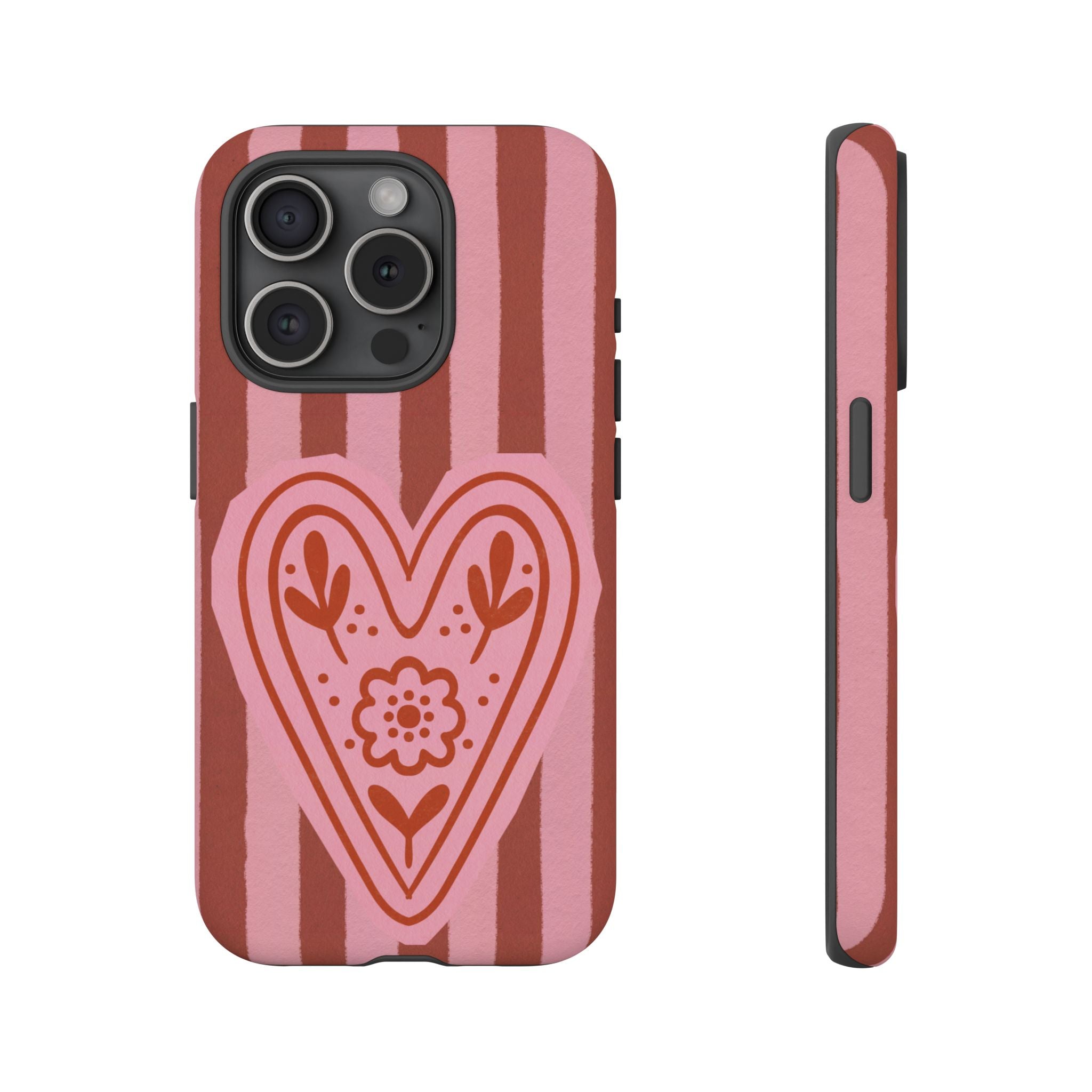Pink Heart Phone Case — Striped Floral Heart Protective Phone Cover