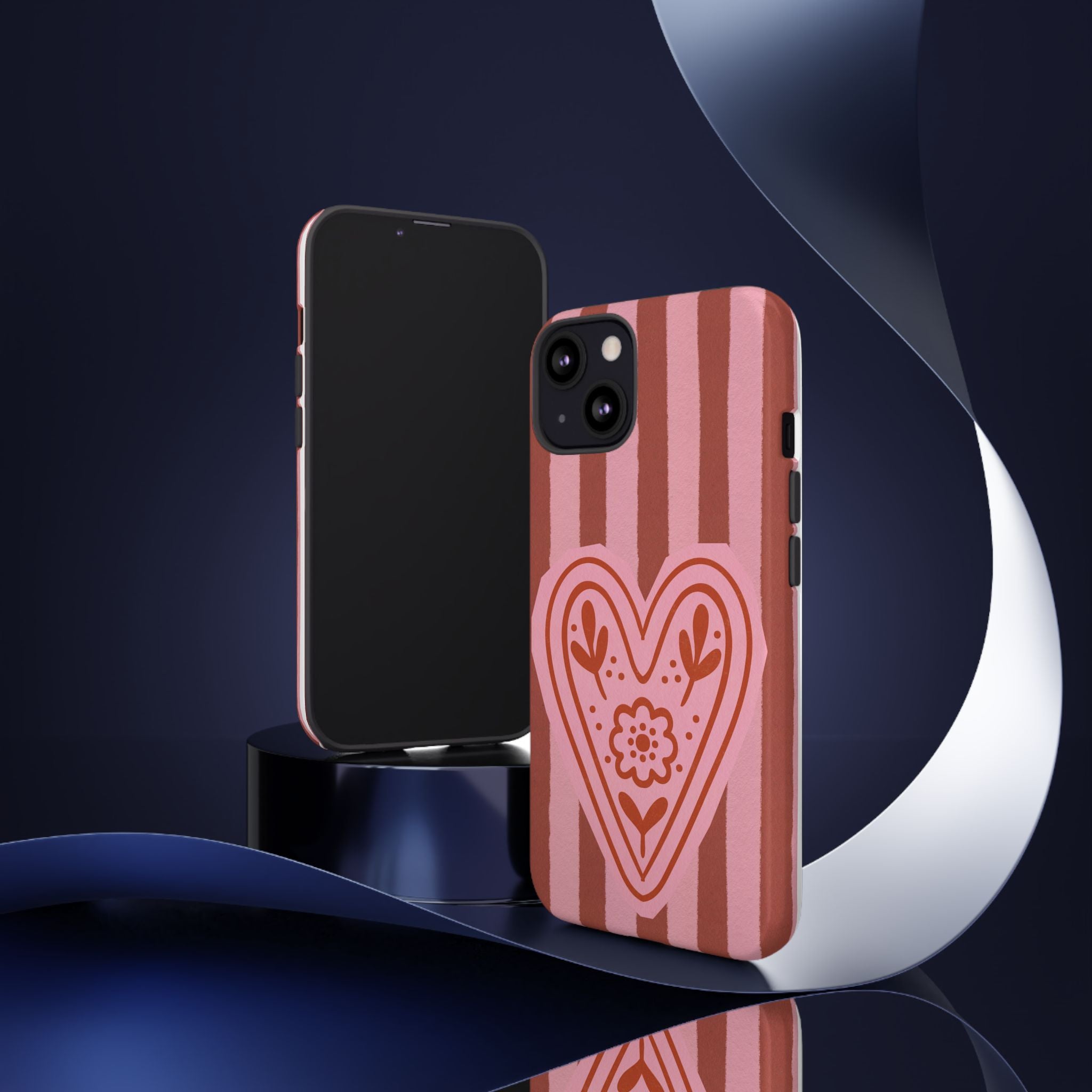 Pink Heart Phone Case — Striped Floral Heart Protective Phone Cover