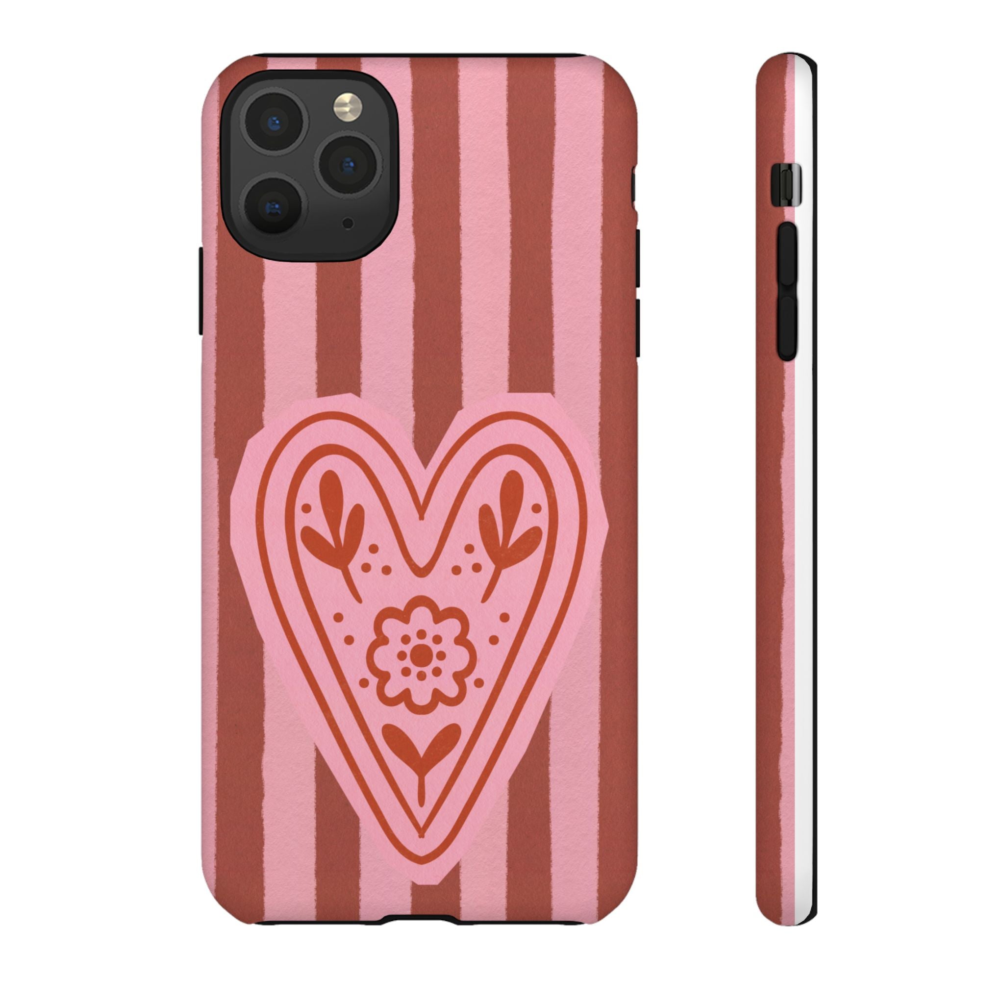 Pink Heart Phone Case — Striped Floral Heart Protective Phone Cover