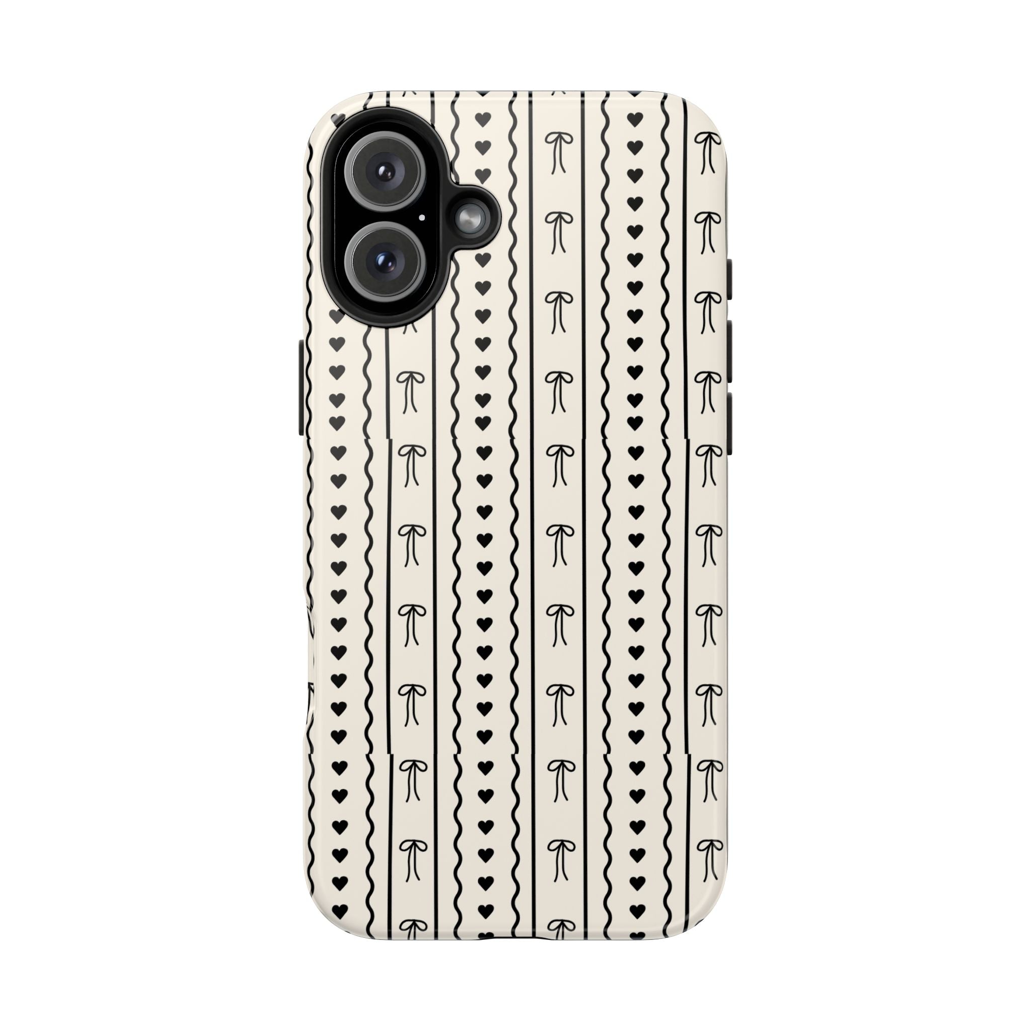 Black Heart & Bow Stripe Tough Phone Case — Cute Minimalist Protective Cover