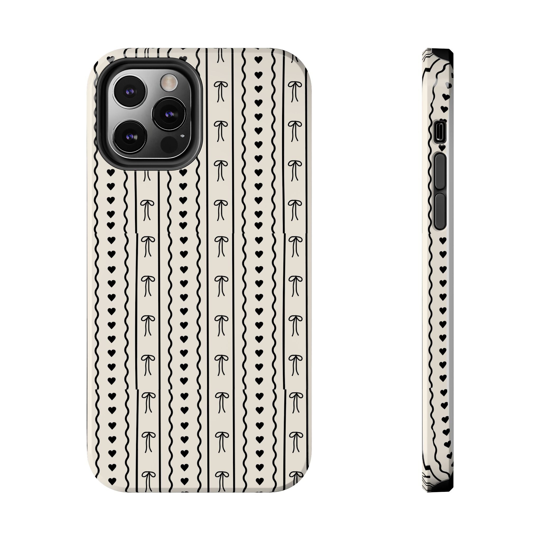 Black Heart & Bow Stripe Tough Phone Case — Cute Minimalist Protective Cover