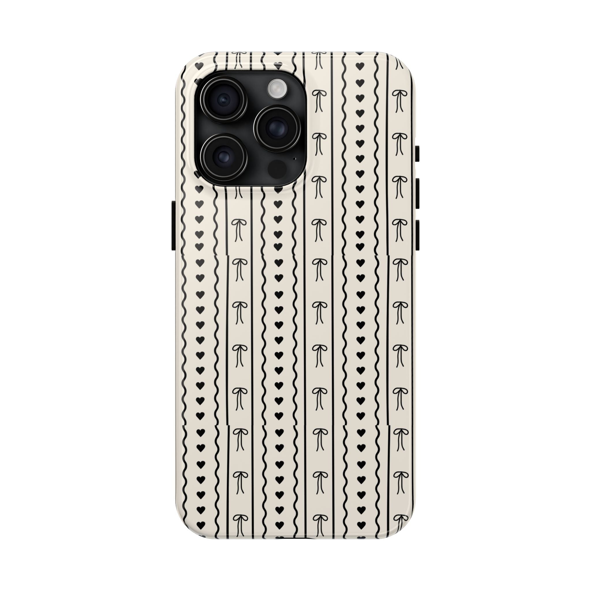 Black Heart & Bow Stripe Tough Phone Case — Cute Minimalist Protective Cover