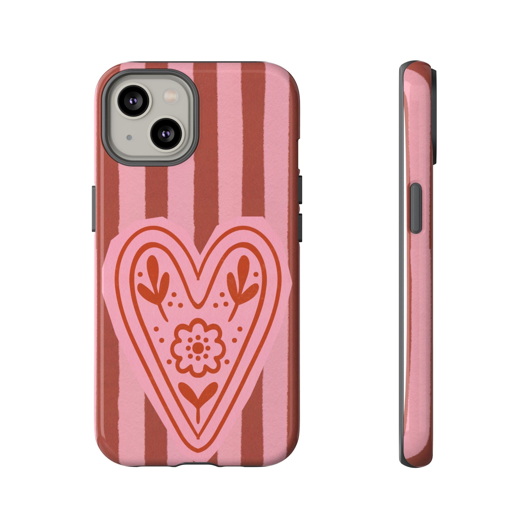Pink Heart Phone Case — Striped Floral Heart Protective Phone Cover