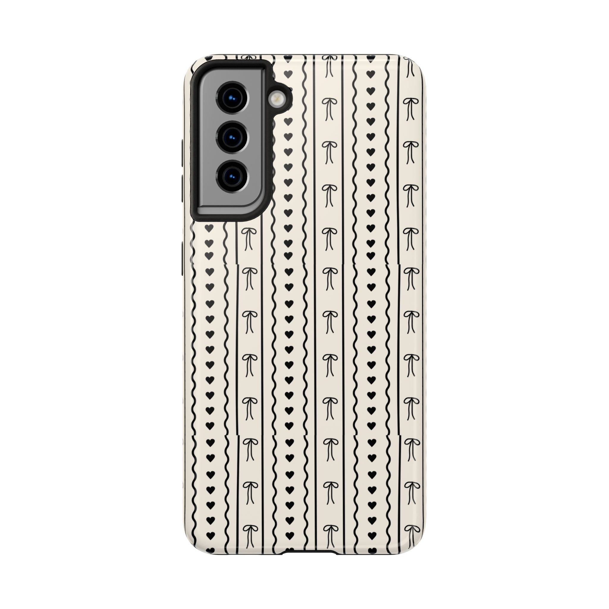 Black Heart & Bow Stripe Tough Phone Case — Cute Minimalist Protective Cover