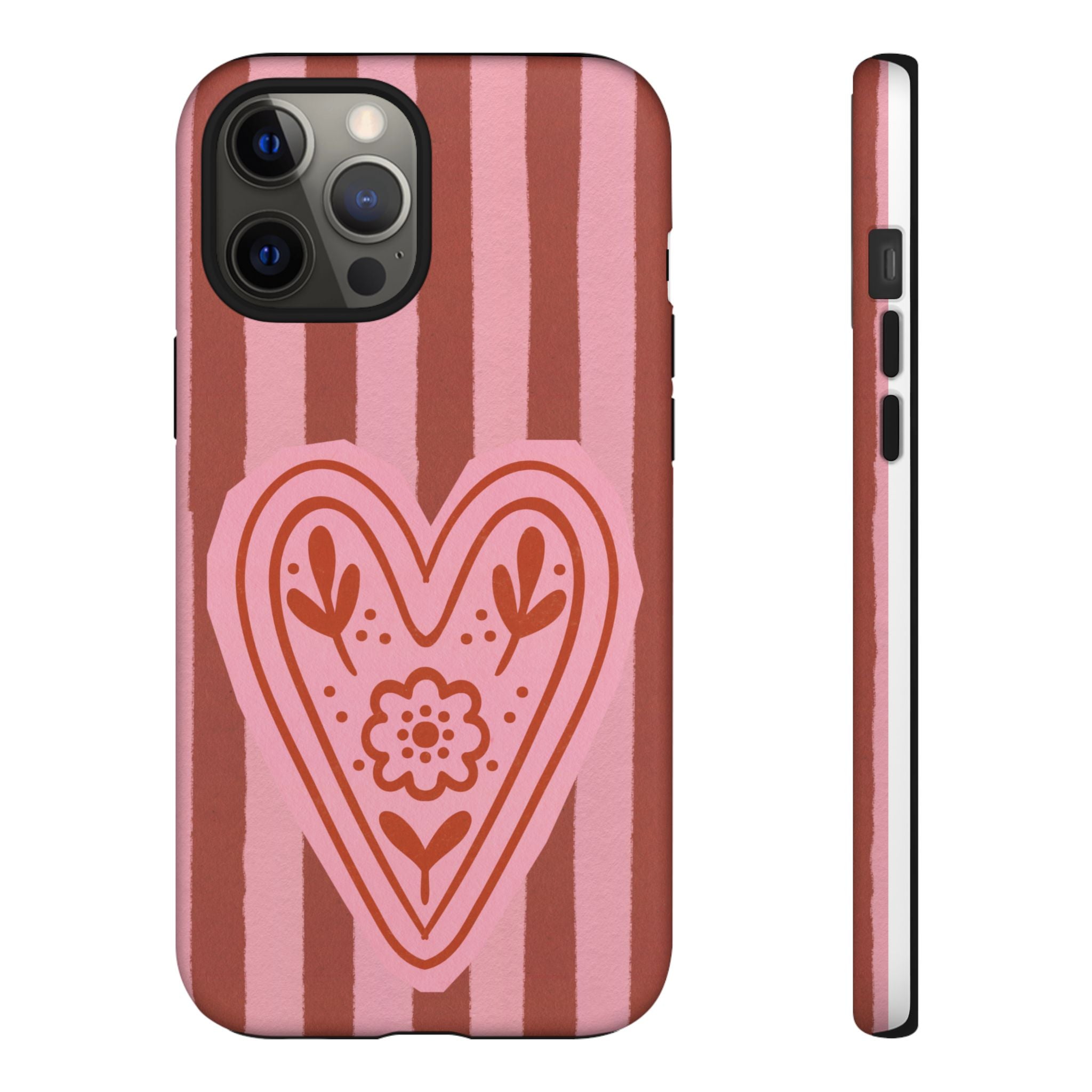 Pink Heart Phone Case — Striped Floral Heart Protective Phone Cover