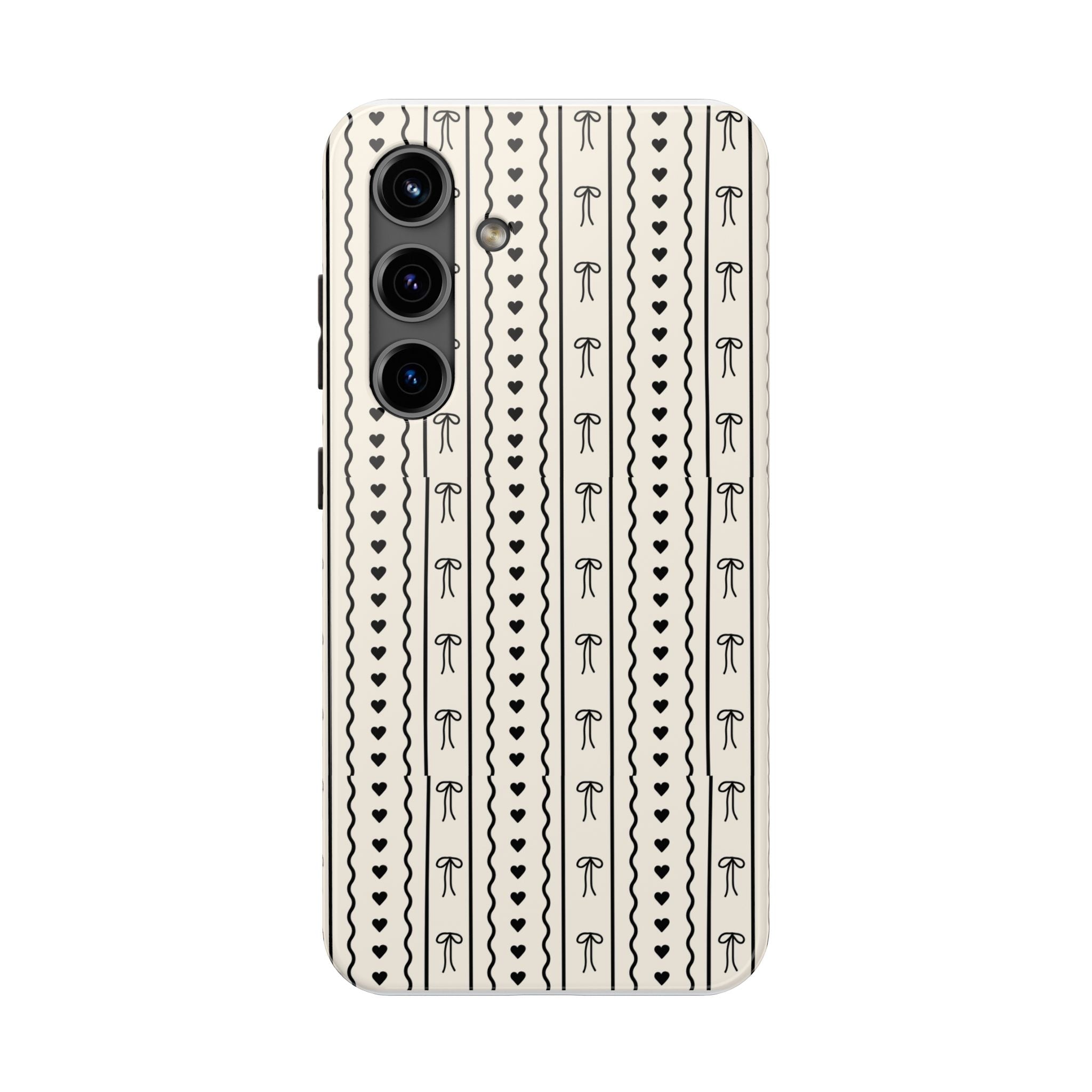 Black Heart & Bow Stripe Tough Phone Case — Cute Minimalist Protective Cover