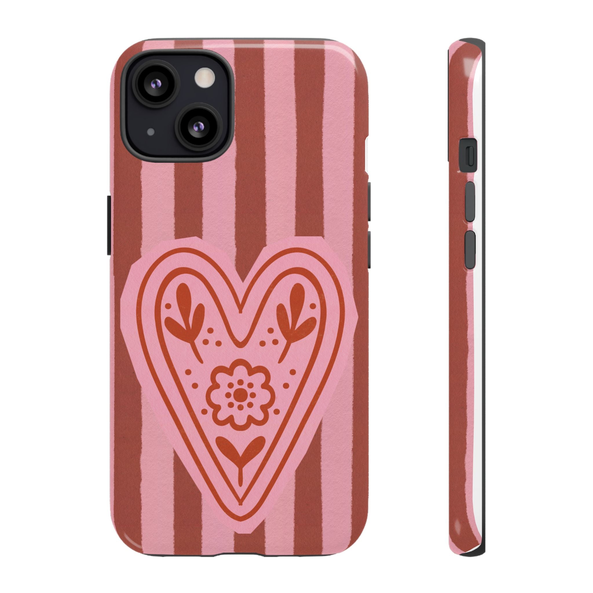 Pink Heart Phone Case — Striped Floral Heart Protective Phone Cover