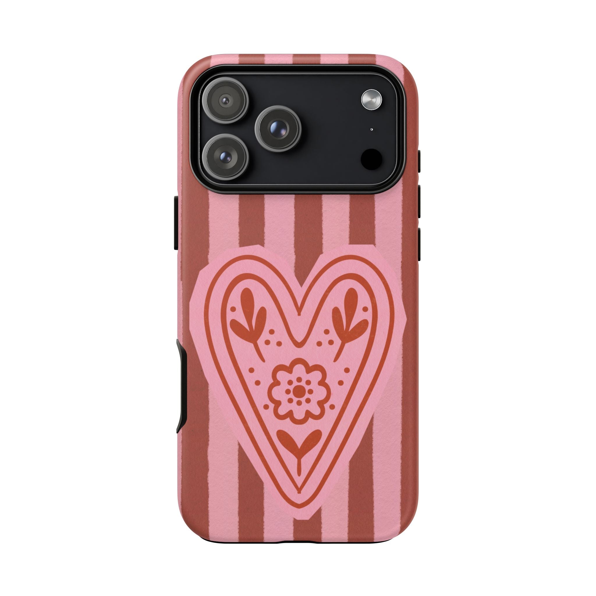 Pink Heart Phone Case — Striped Floral Heart Protective Phone Cover