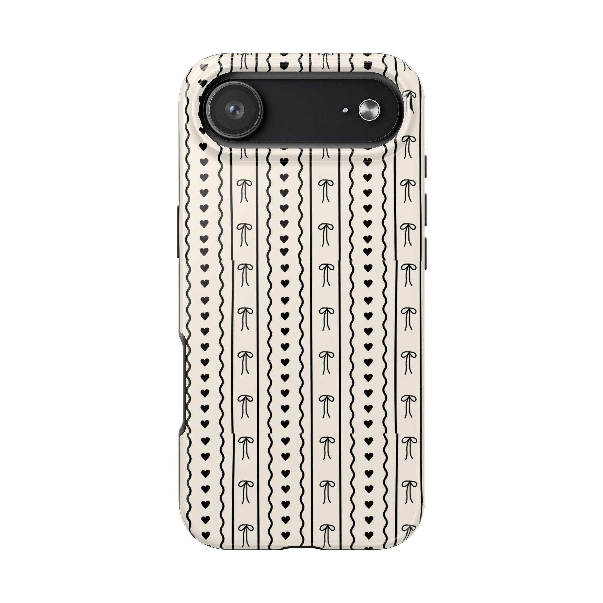 Black Heart & Bow Stripe Tough Phone Case — Cute Minimalist Protective Cover