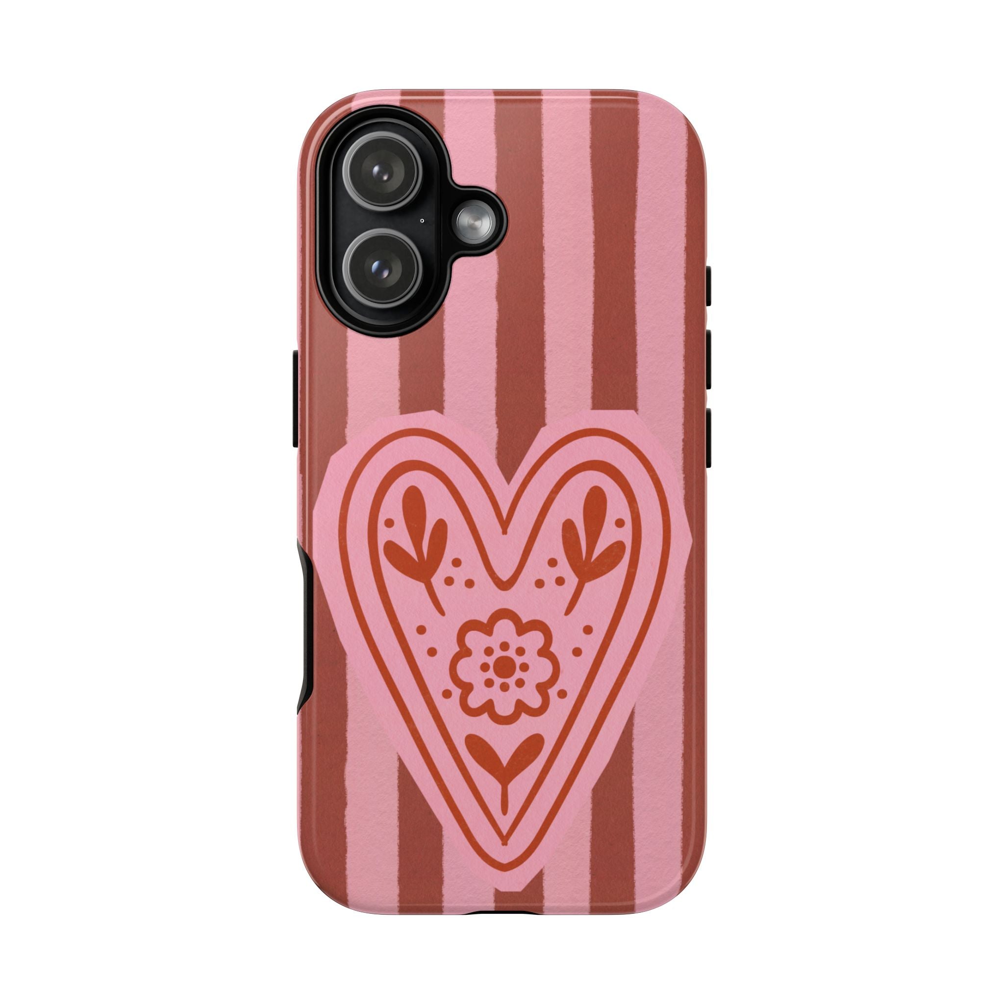 Pink Heart Phone Case — Striped Floral Heart Protective Phone Cover
