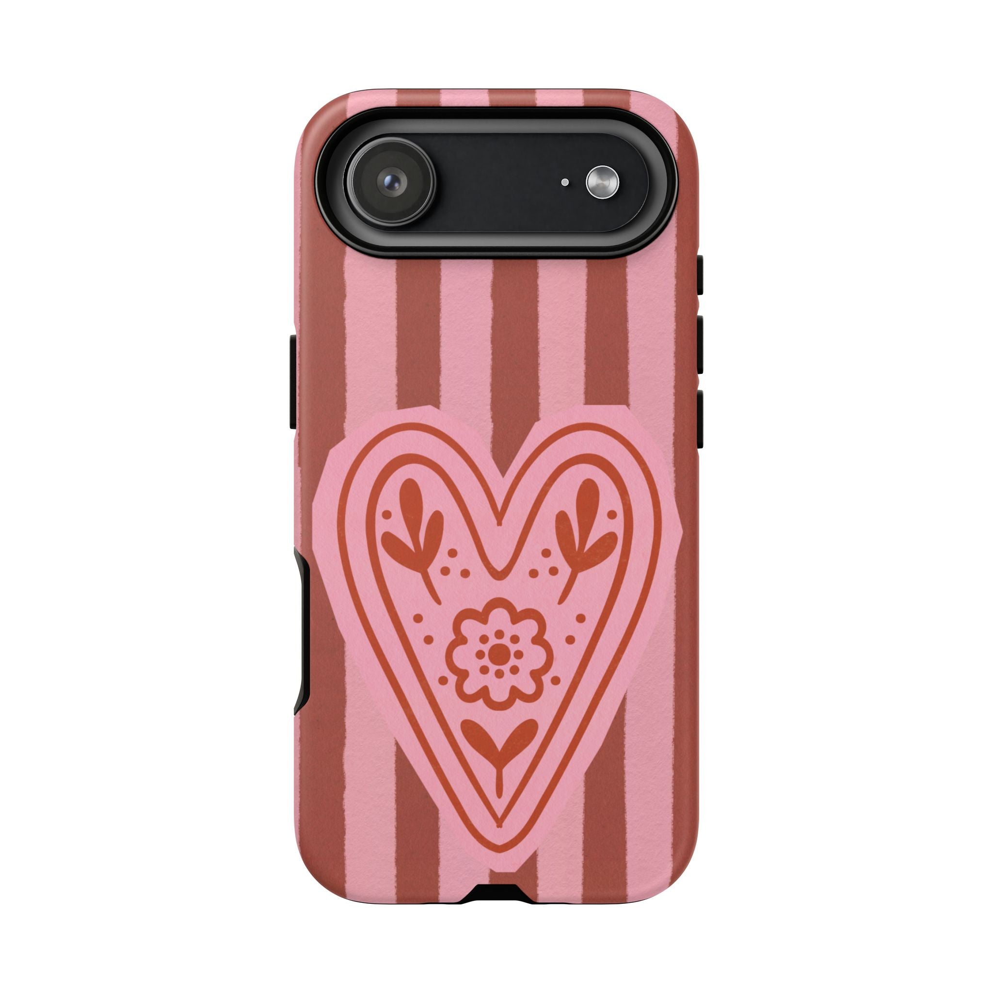 Pink Heart Phone Case — Striped Floral Heart Protective Phone Cover