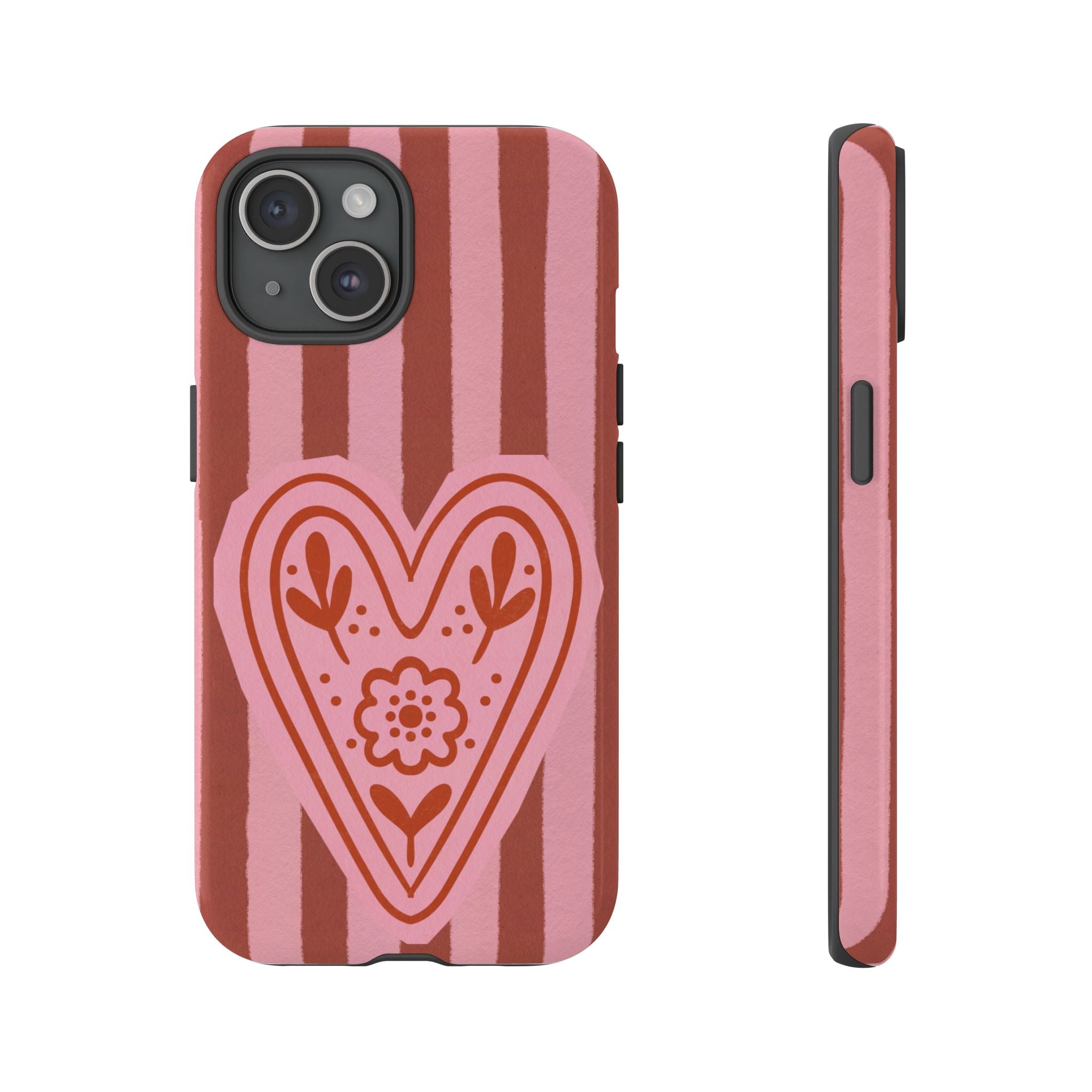 Pink Heart Phone Case — Striped Floral Heart Protective Phone Cover