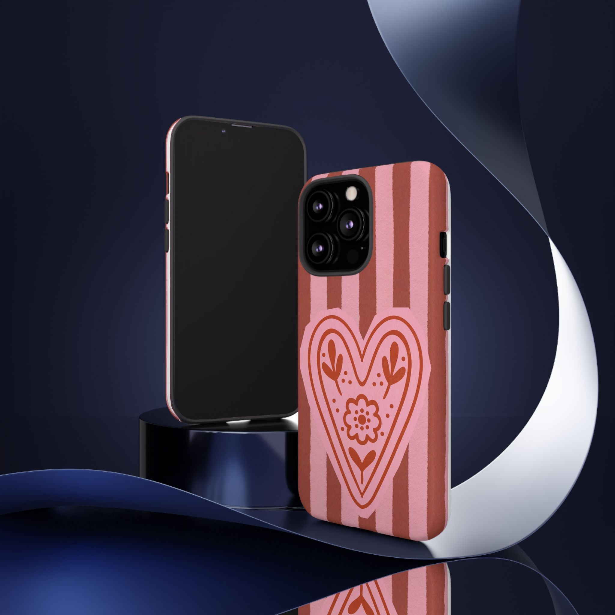 Pink Heart Phone Case — Striped Floral Heart Protective Phone Cover