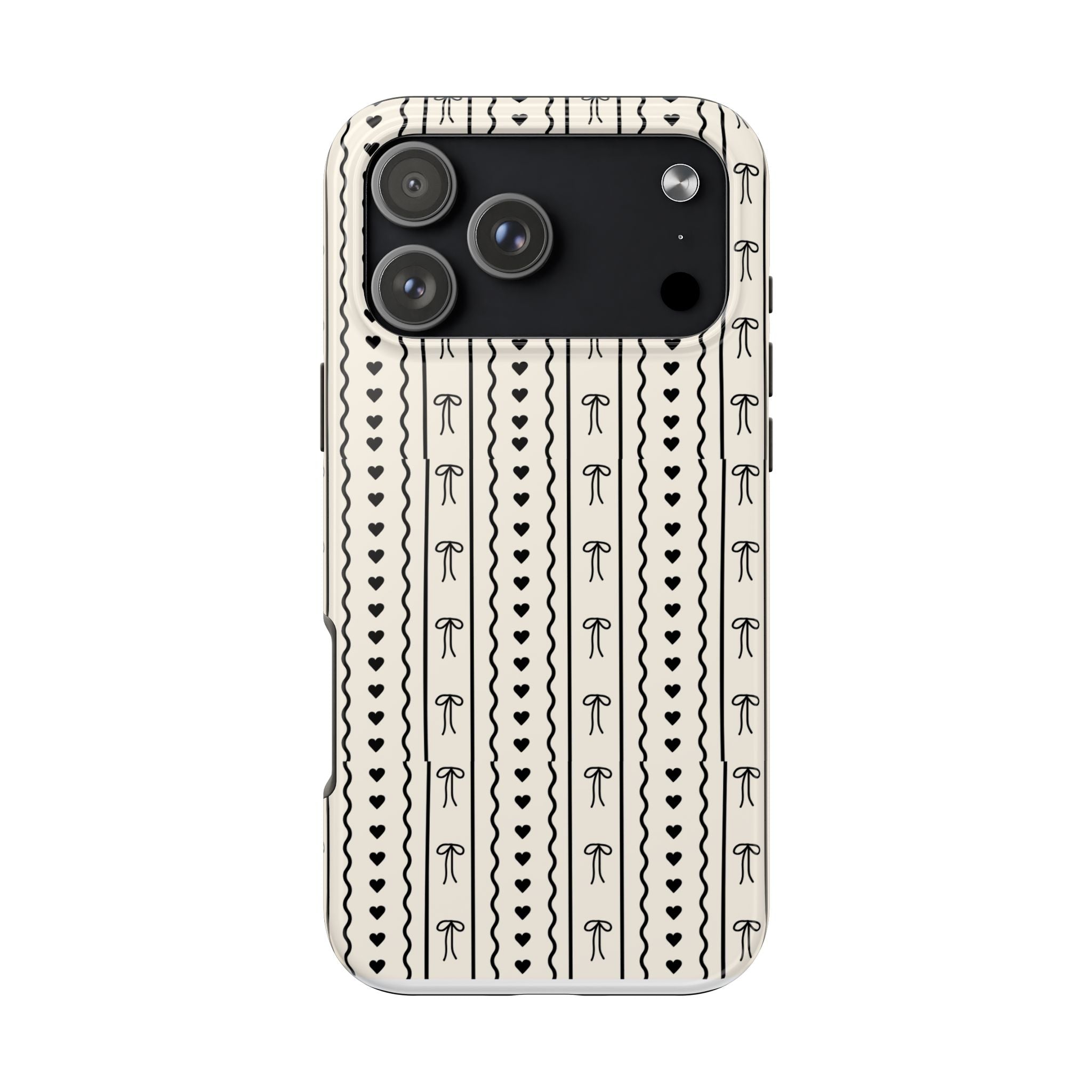 Black Heart & Bow Stripe Tough Phone Case — Cute Minimalist Protective Cover