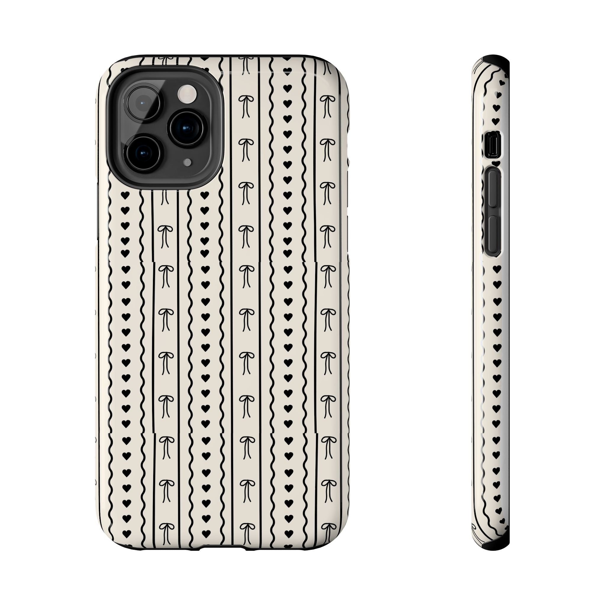 Black Heart & Bow Stripe Tough Phone Case — Cute Minimalist Protective Cover