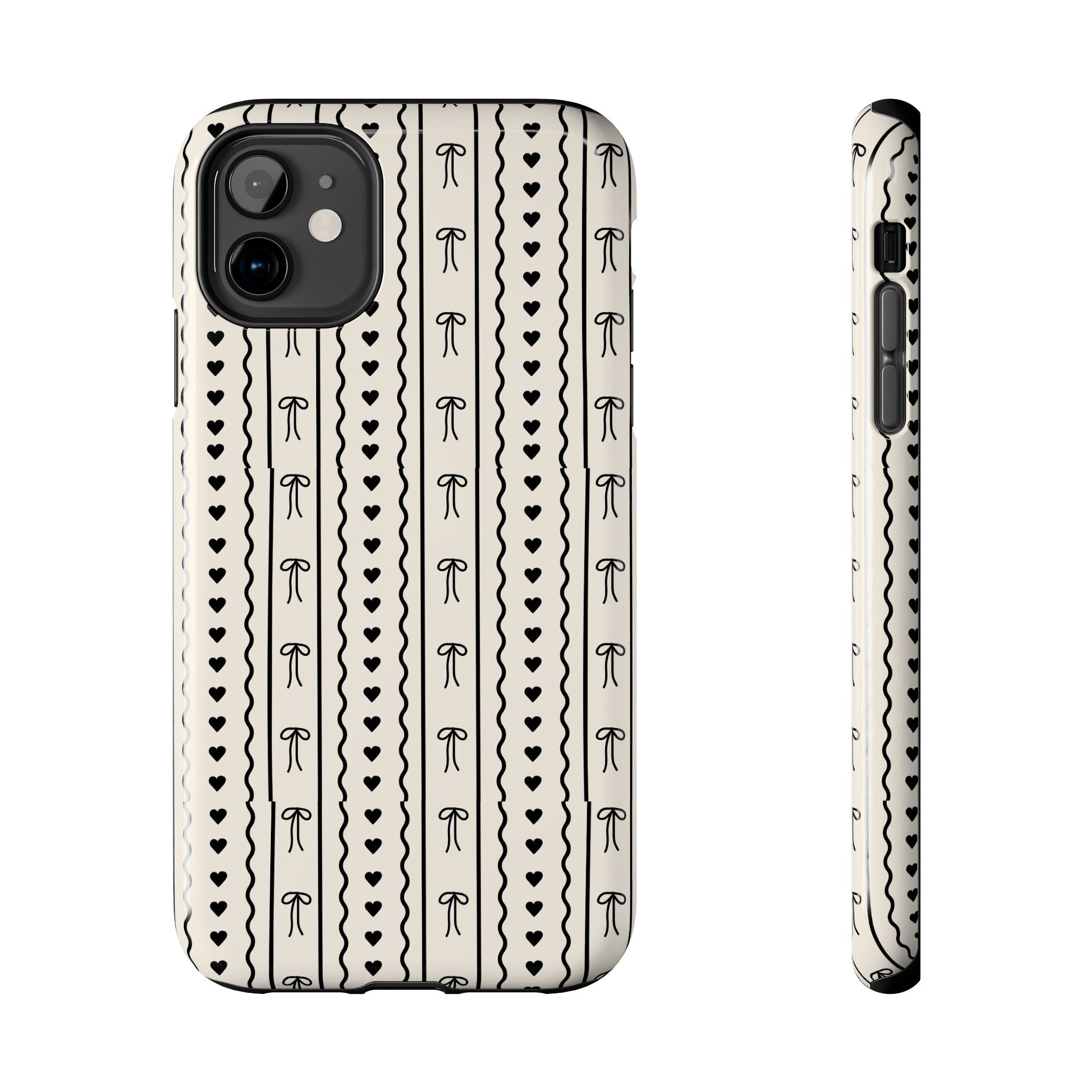 Black Heart & Bow Stripe Tough Phone Case — Cute Minimalist Protective Cover