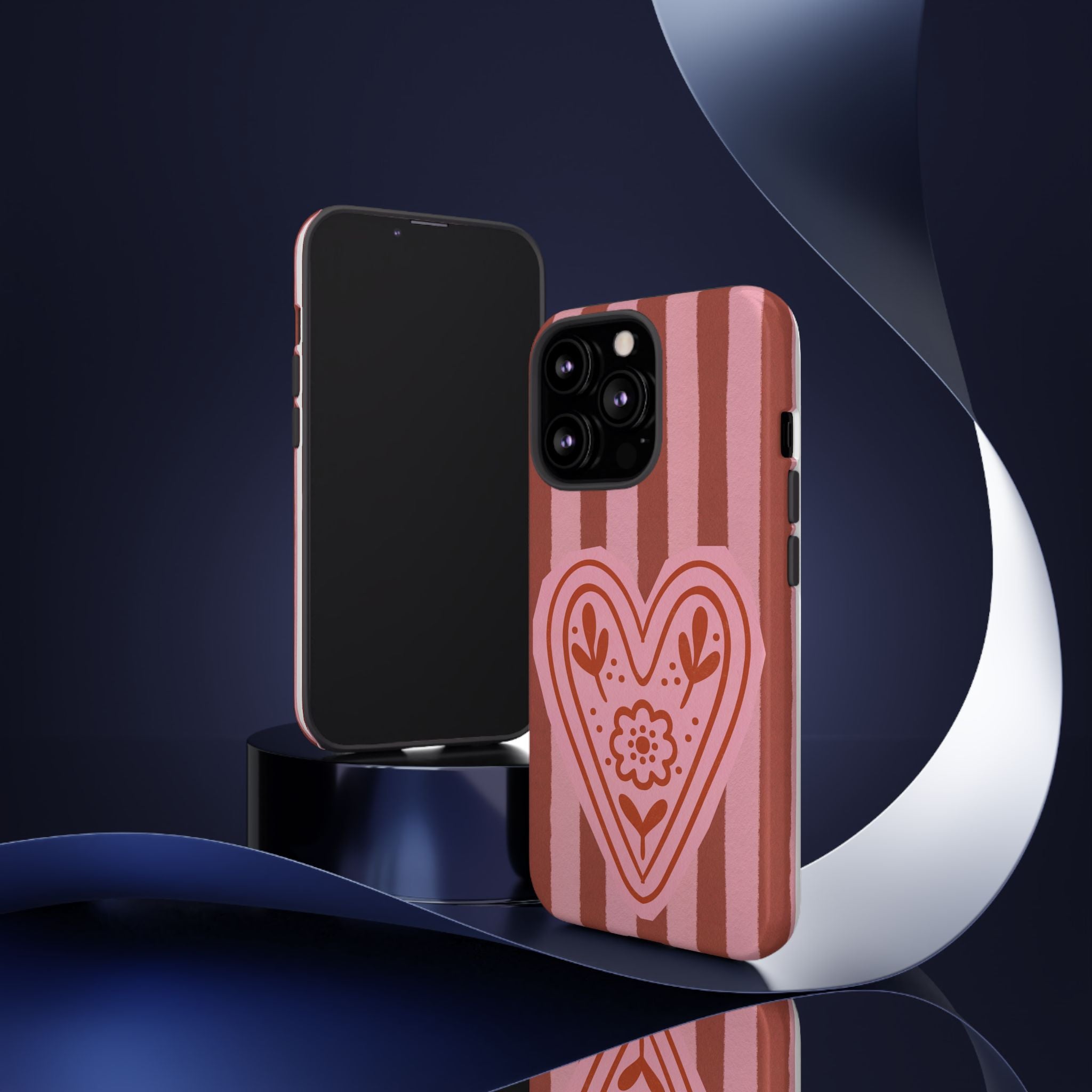 Pink Heart Phone Case — Striped Floral Heart Protective Phone Cover