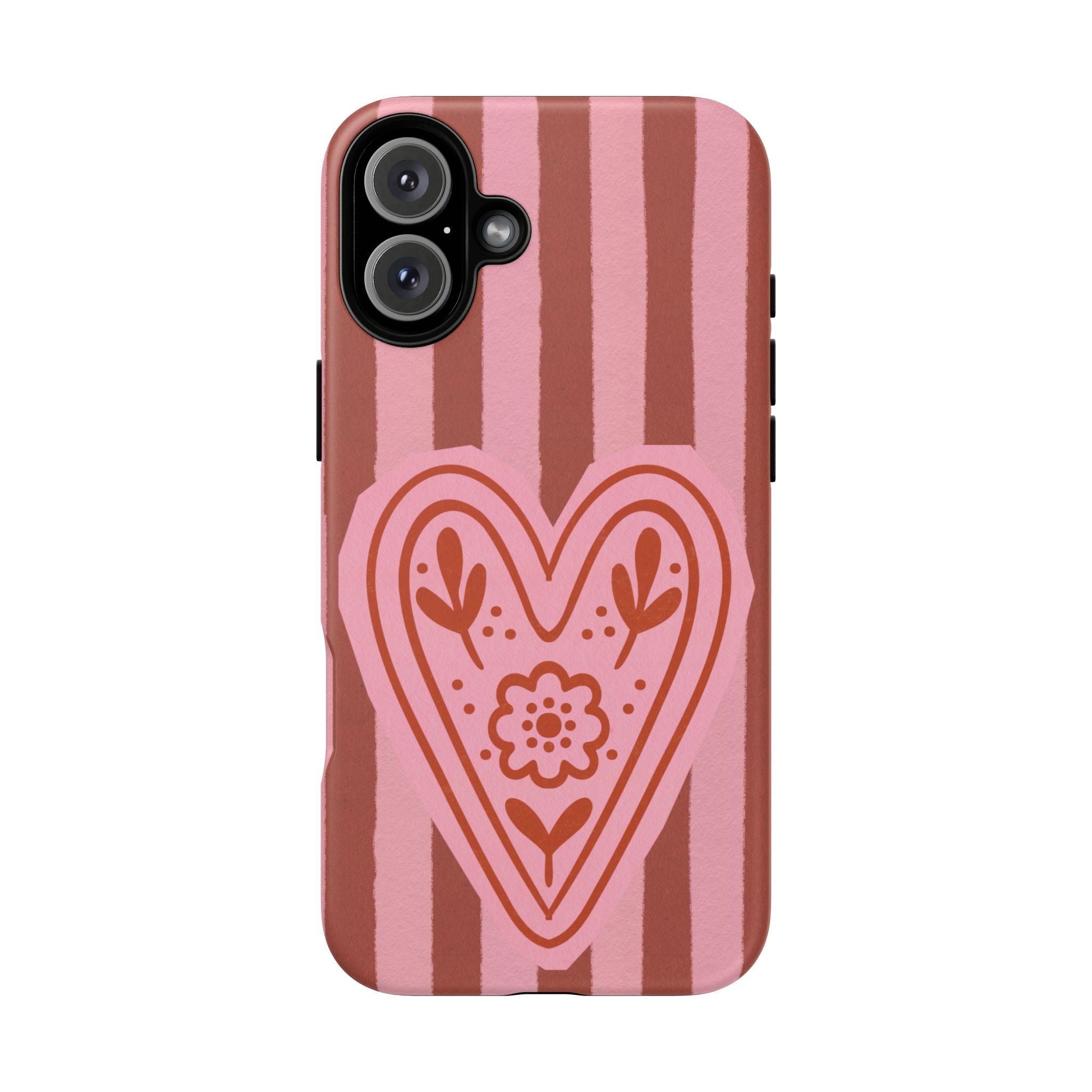 Pink Heart Phone Case — Striped Floral Heart Protective Phone Cover