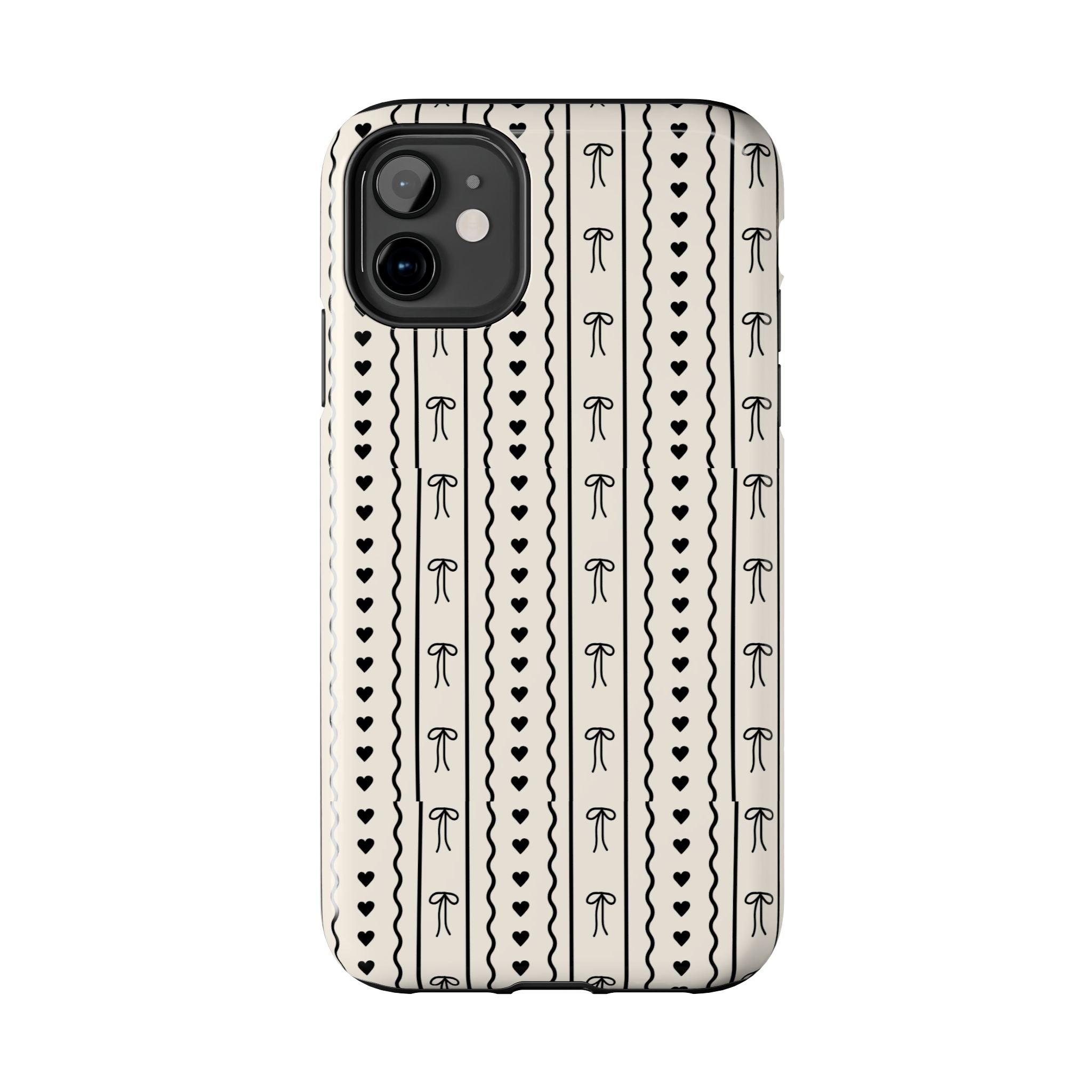 Black Heart & Bow Stripe Tough Phone Case — Cute Minimalist Protective Cover