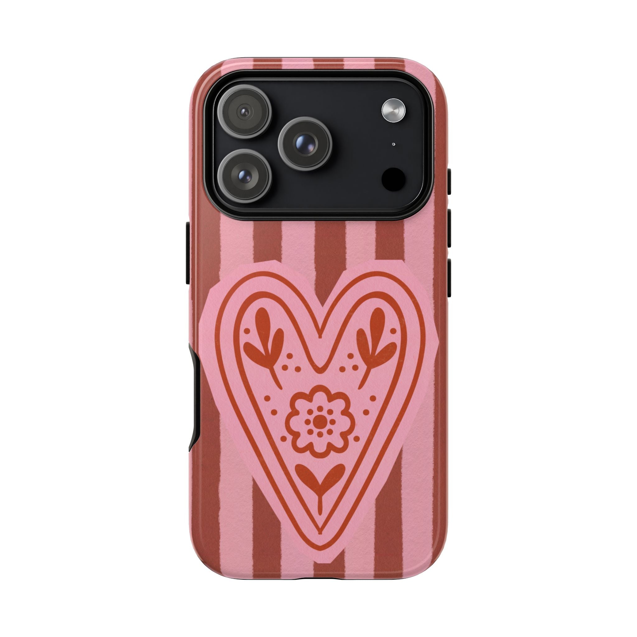 Pink Heart Phone Case — Striped Floral Heart Protective Phone Cover