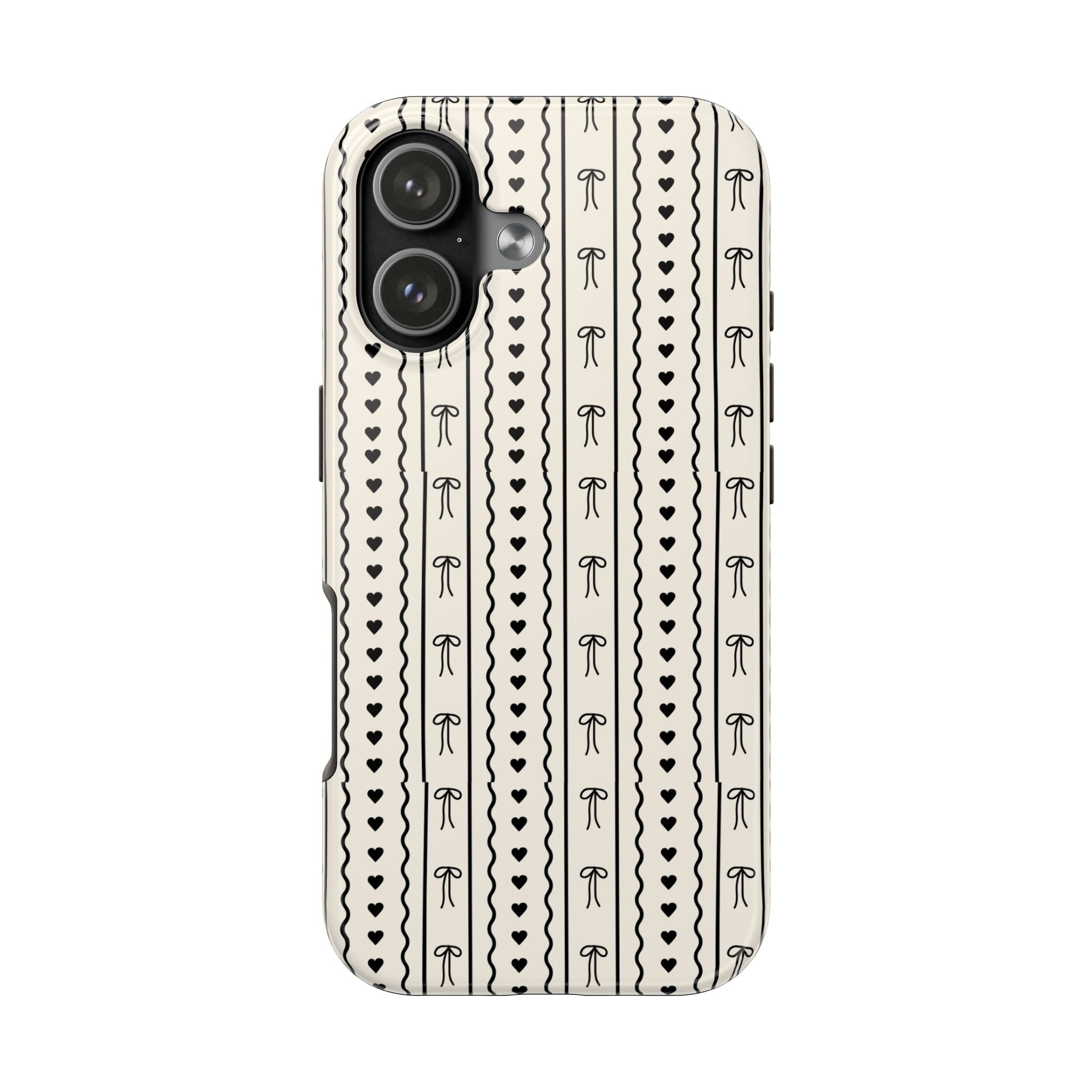 Black Heart & Bow Stripe Tough Phone Case — Cute Minimalist Protective Cover
